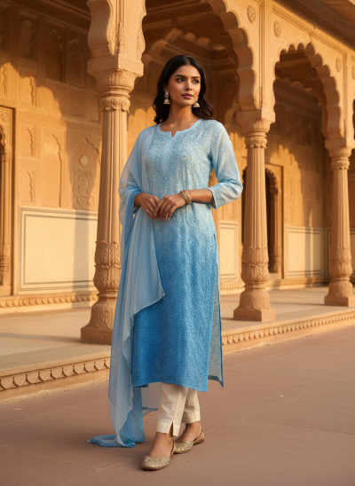 BLUE ECHELON VISCOSE CHIKANKARI KURTA SET
