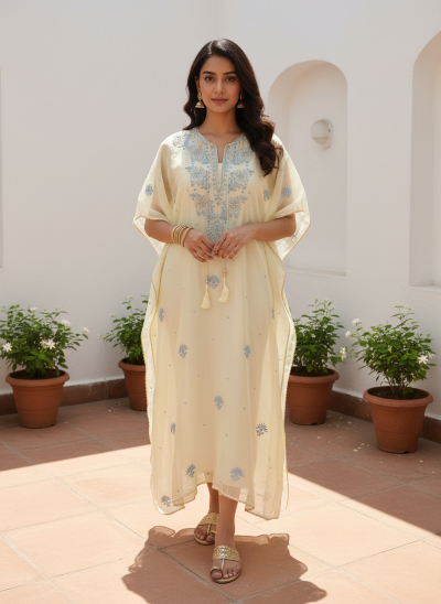 AUREOLIN YELLOW ORGANZA CHIKANKARI KAFTAN