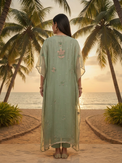 PISTACHIO GREEN ORGANZA CHIKANKARI KAFTAN