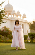 VANILLA CREME MUL CHANDERI CHIKANKARI ANARKALI  SET