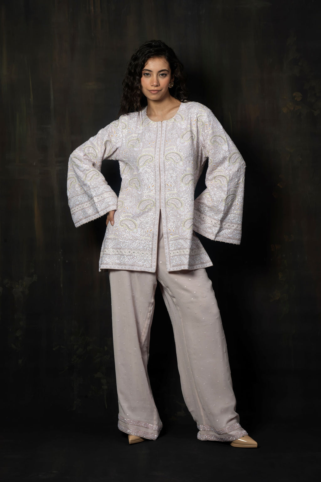 Lilac Embroidered Georgette Gilet and Wide-Leg Trousers Co-ord Set