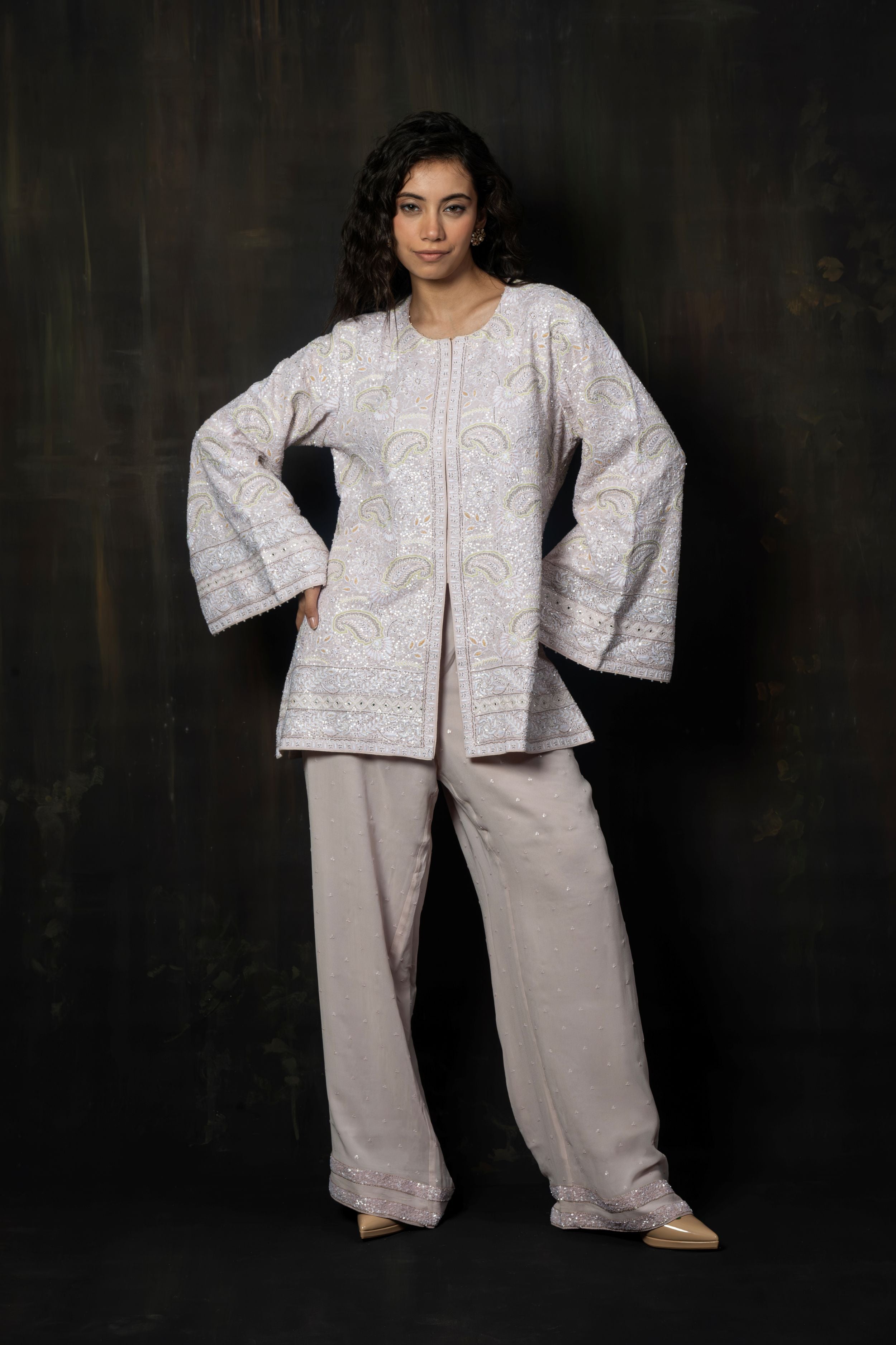 Lilac Embroidered Georgette Gilet and Wide-Leg Trousers Co-ord Set