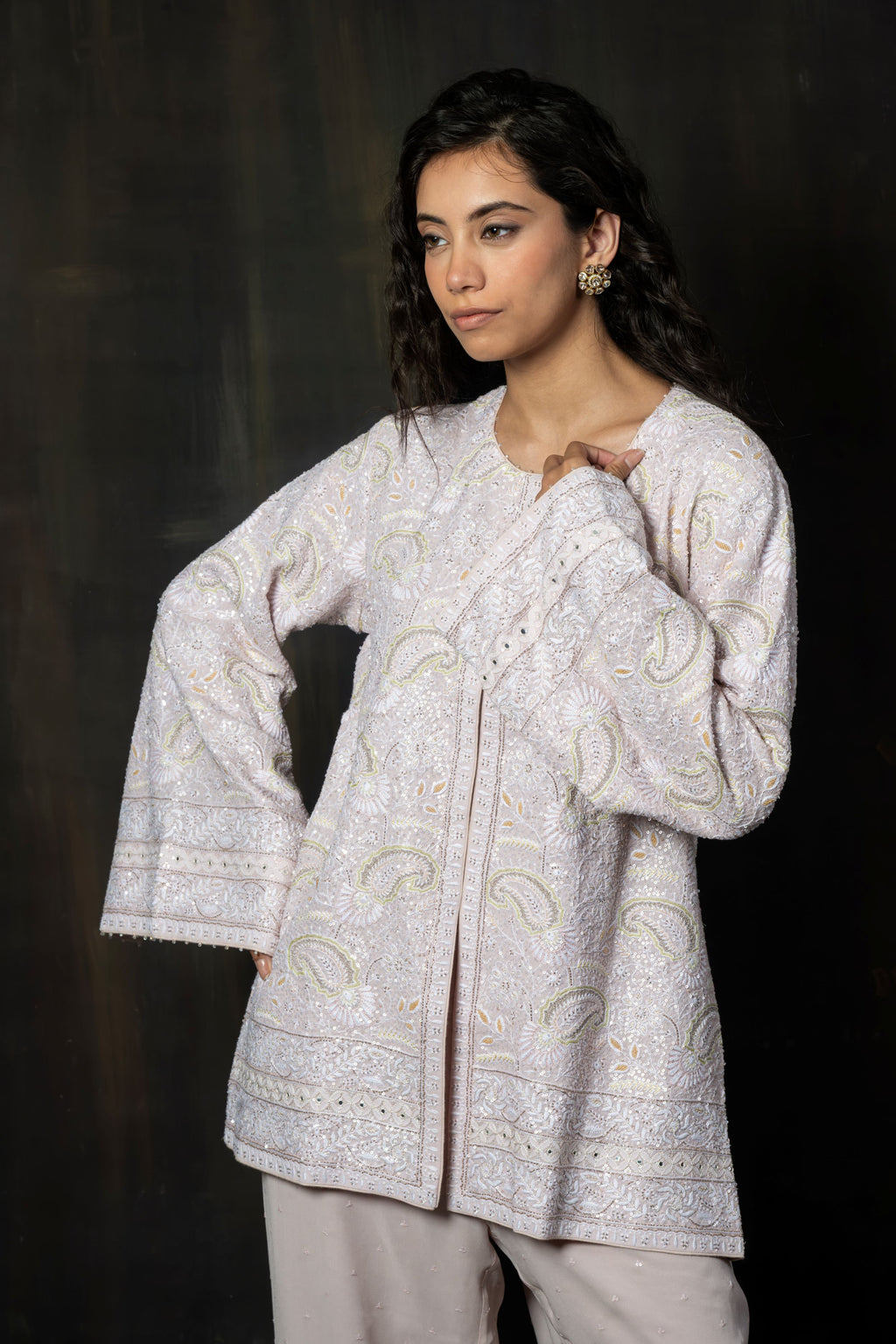 Lilac Embroidered Georgette Gilet and Wide-Leg Trousers Co-ord Set