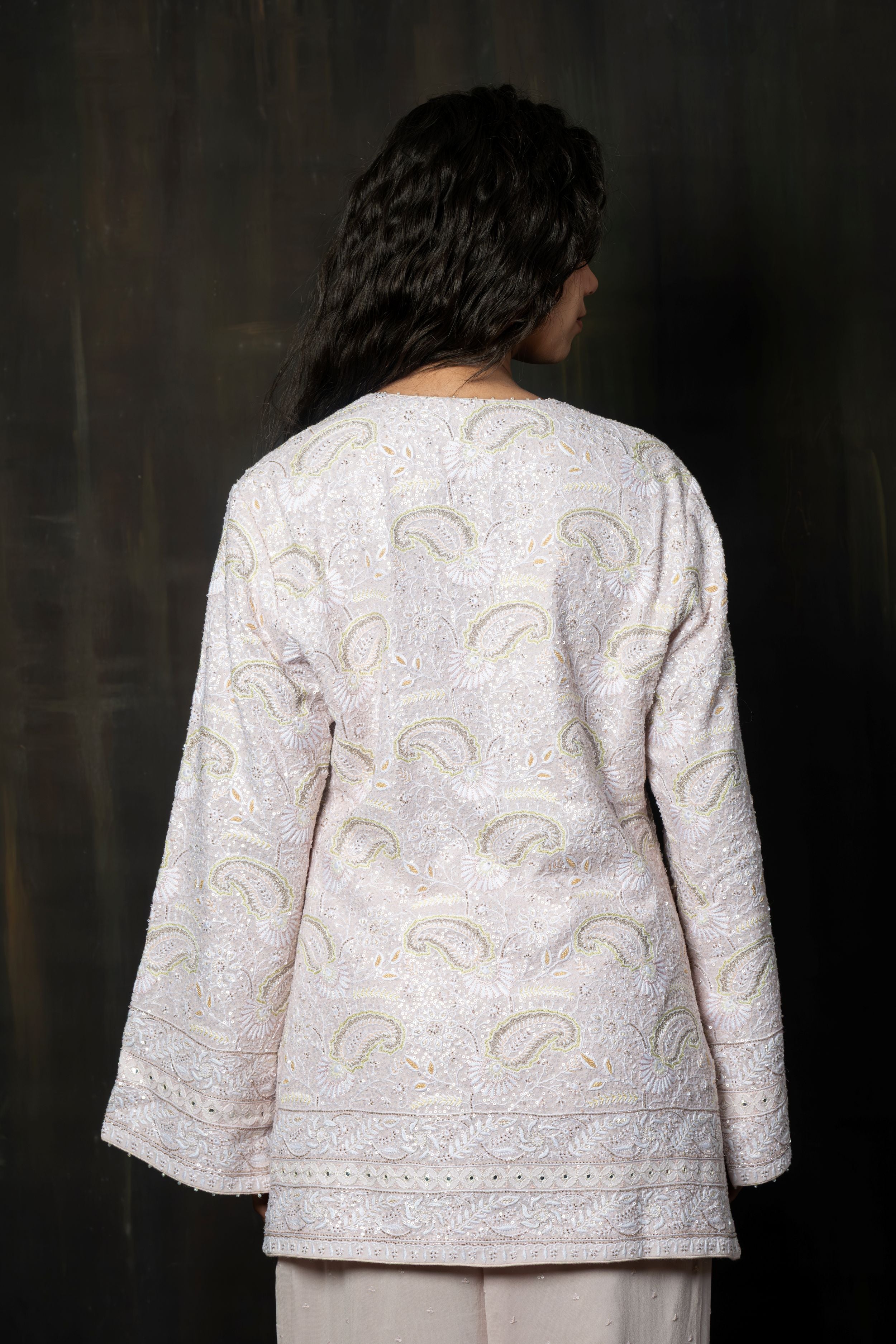 Lilac Embroidered Georgette Gilet and Wide-Leg Trousers Co-ord Set