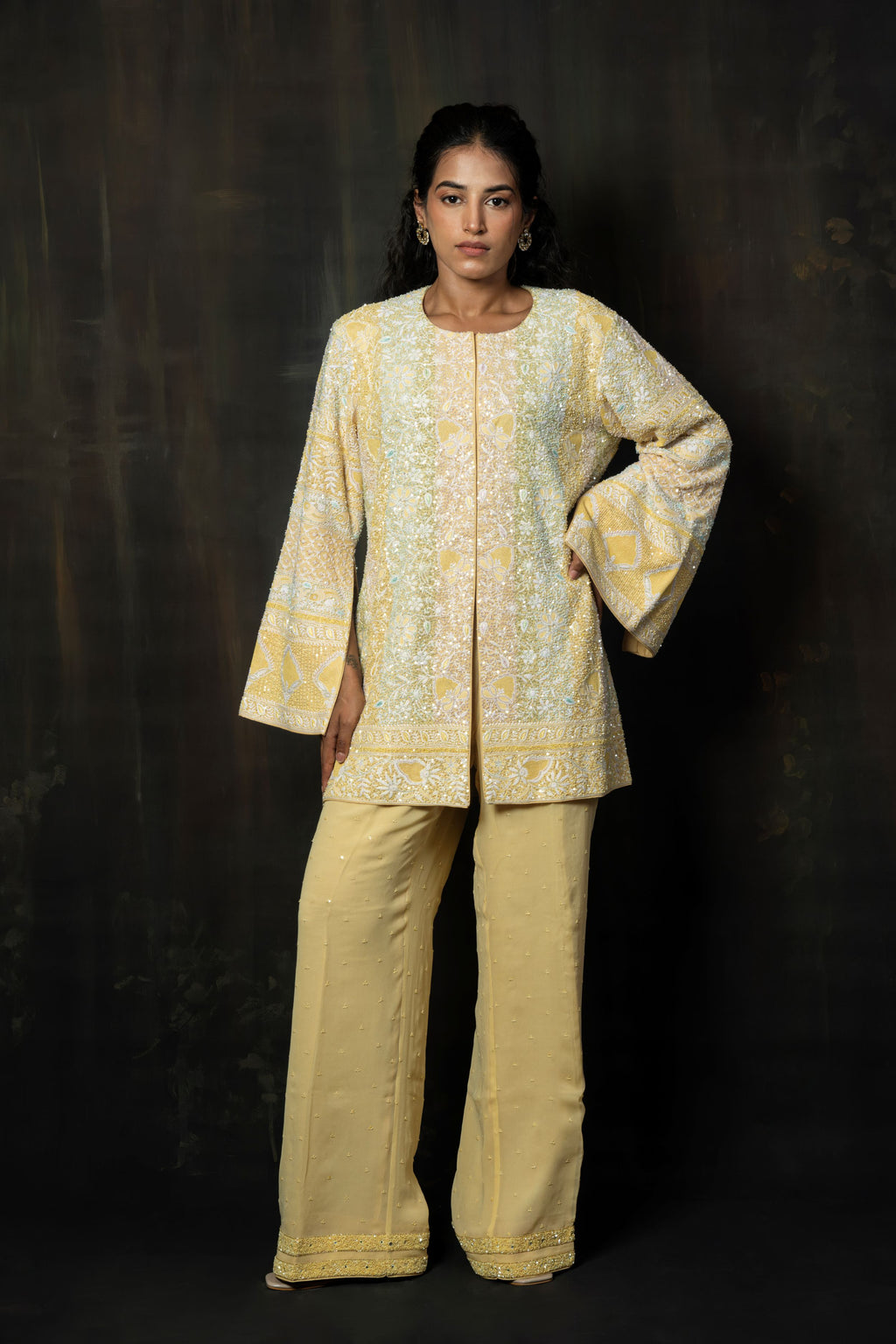 Hand-Embroidered Primrose Georgette Gilet and Palazzo Co-ord Set