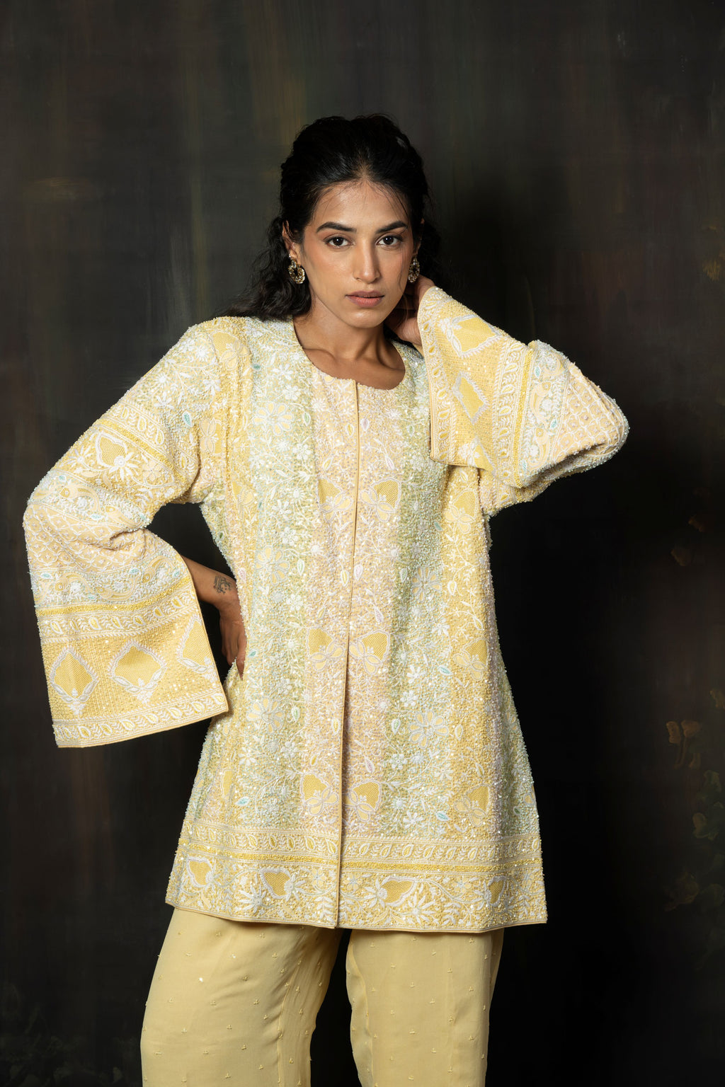 Hand-Embroidered Primrose Georgette Gilet and Palazzo Co-ord Set