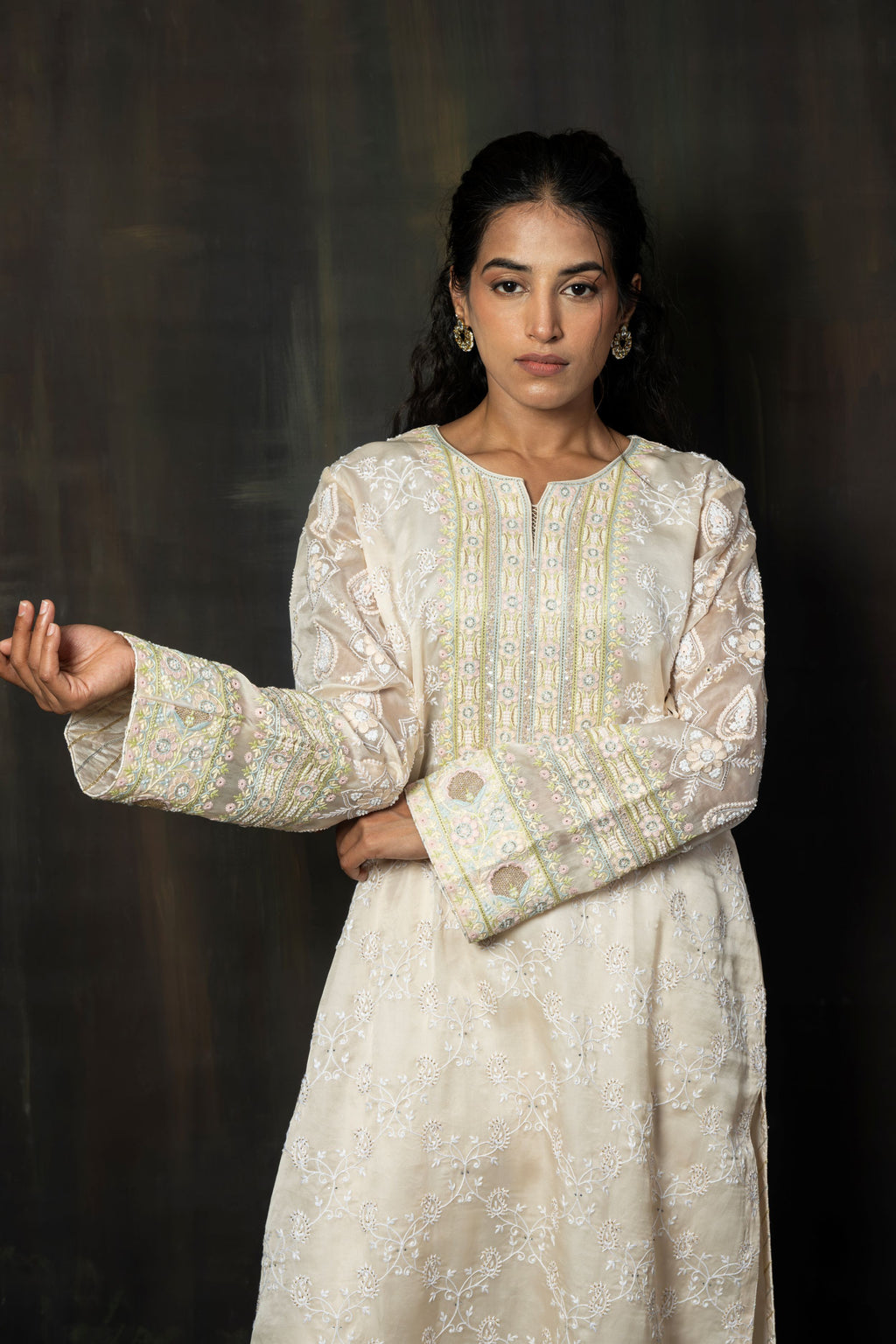 Ivory Pure Organza Suit with Intricate Pastel Hand-Embroidery