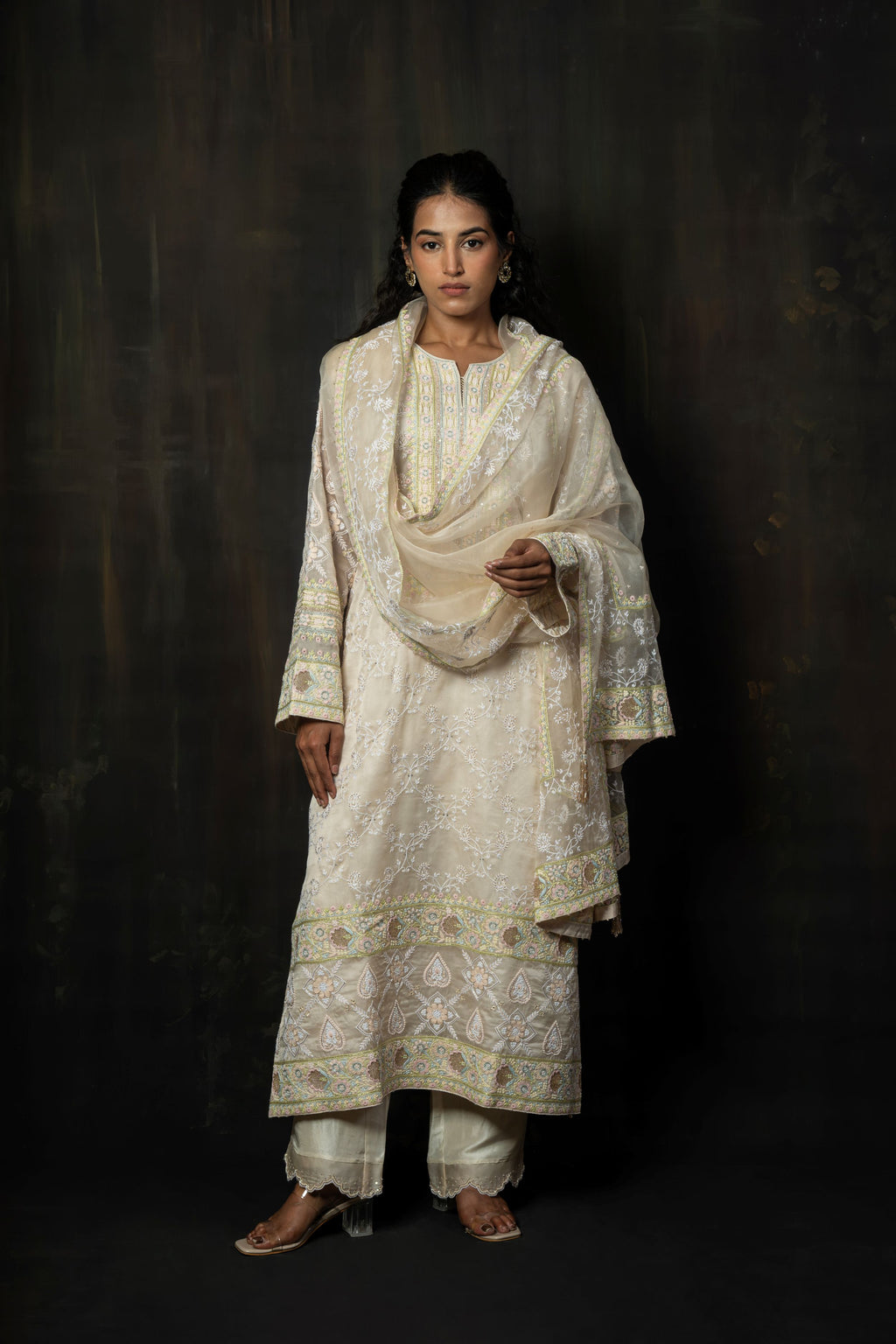 Ivory Pure Organza Suit with Intricate Pastel Hand-Embroidery