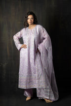 Lavender Pure Organza Kurta with Pastel Floral Hand-Embroidery