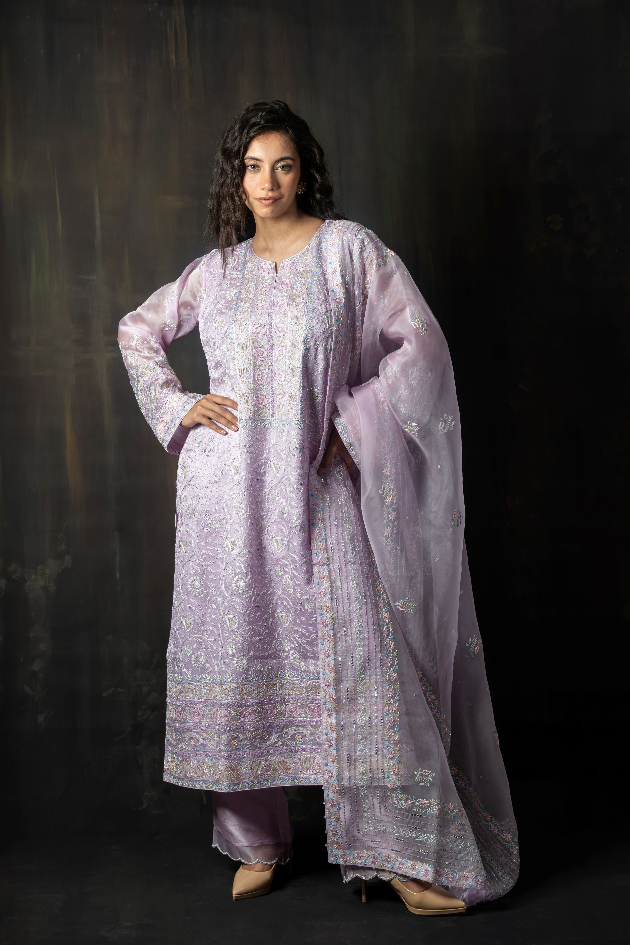 Lavender Pure Organza Kurta with Pastel Floral Hand-Embroidery