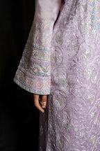 Lavender Pure Organza Kurta with Pastel Floral Hand-Embroidery