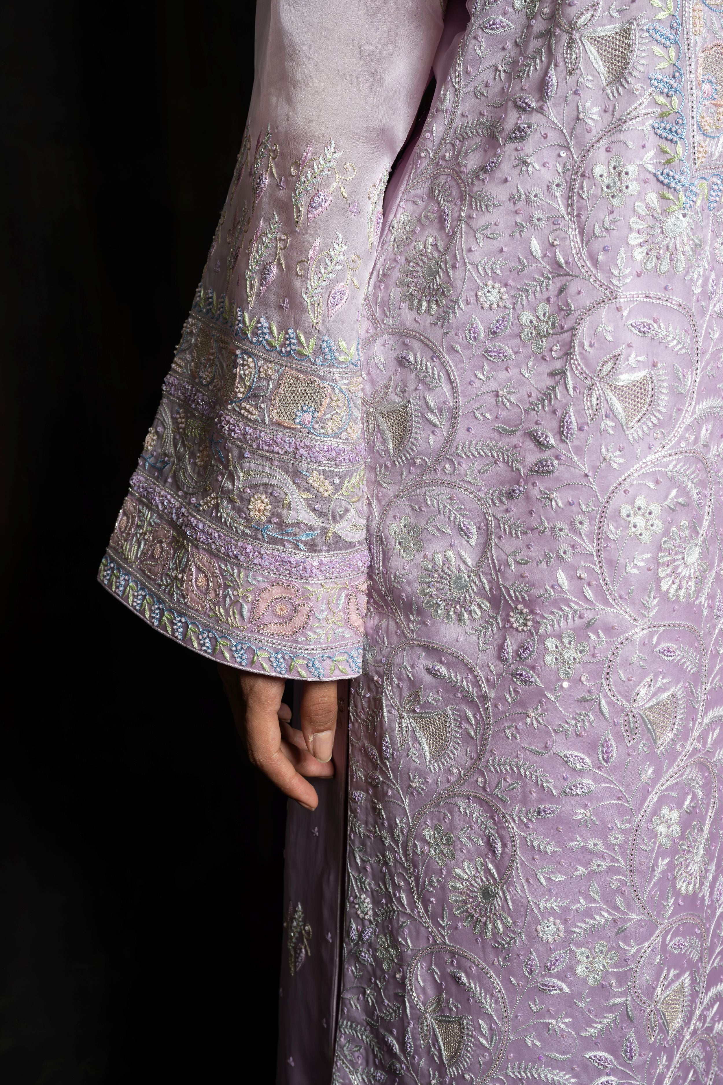 Lavender Pure Organza Kurta with Pastel Floral Hand-Embroidery