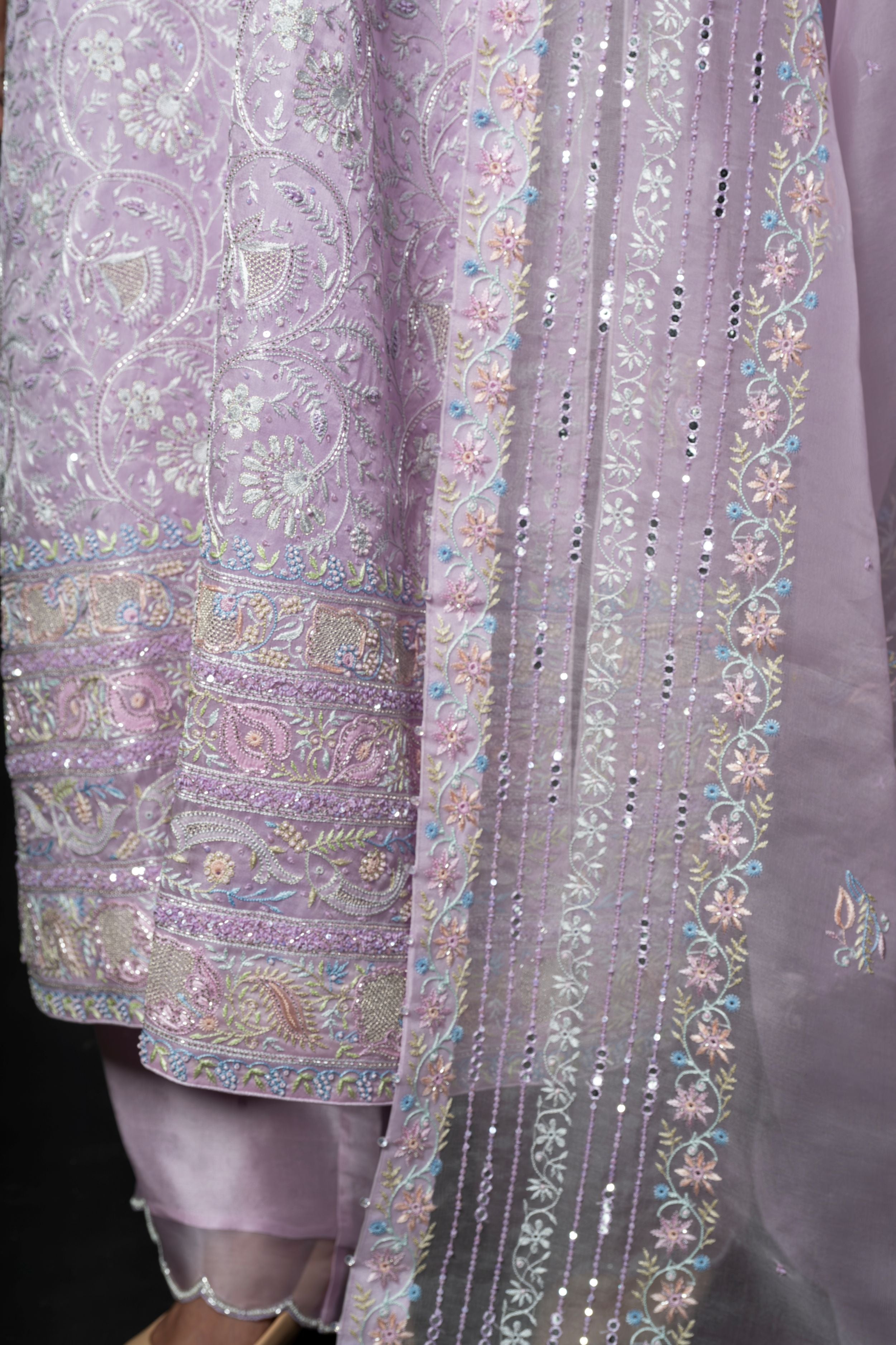 Lavender Pure Organza Kurta with Pastel Floral Hand-Embroidery