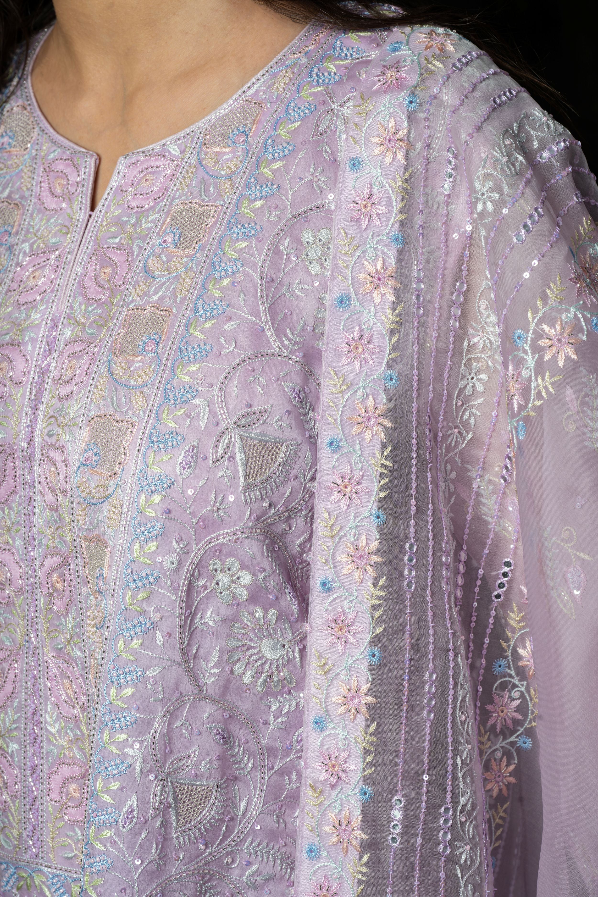 Lavender Pure Organza Kurta with Pastel Floral Hand-Embroidery