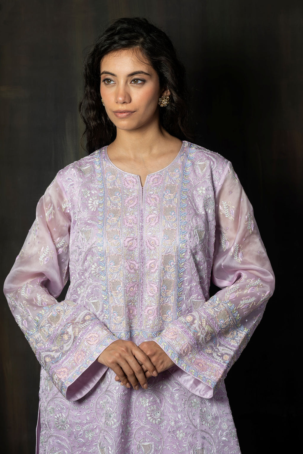 Lavender Pure Organza Kurta with Pastel Floral Hand-Embroidery