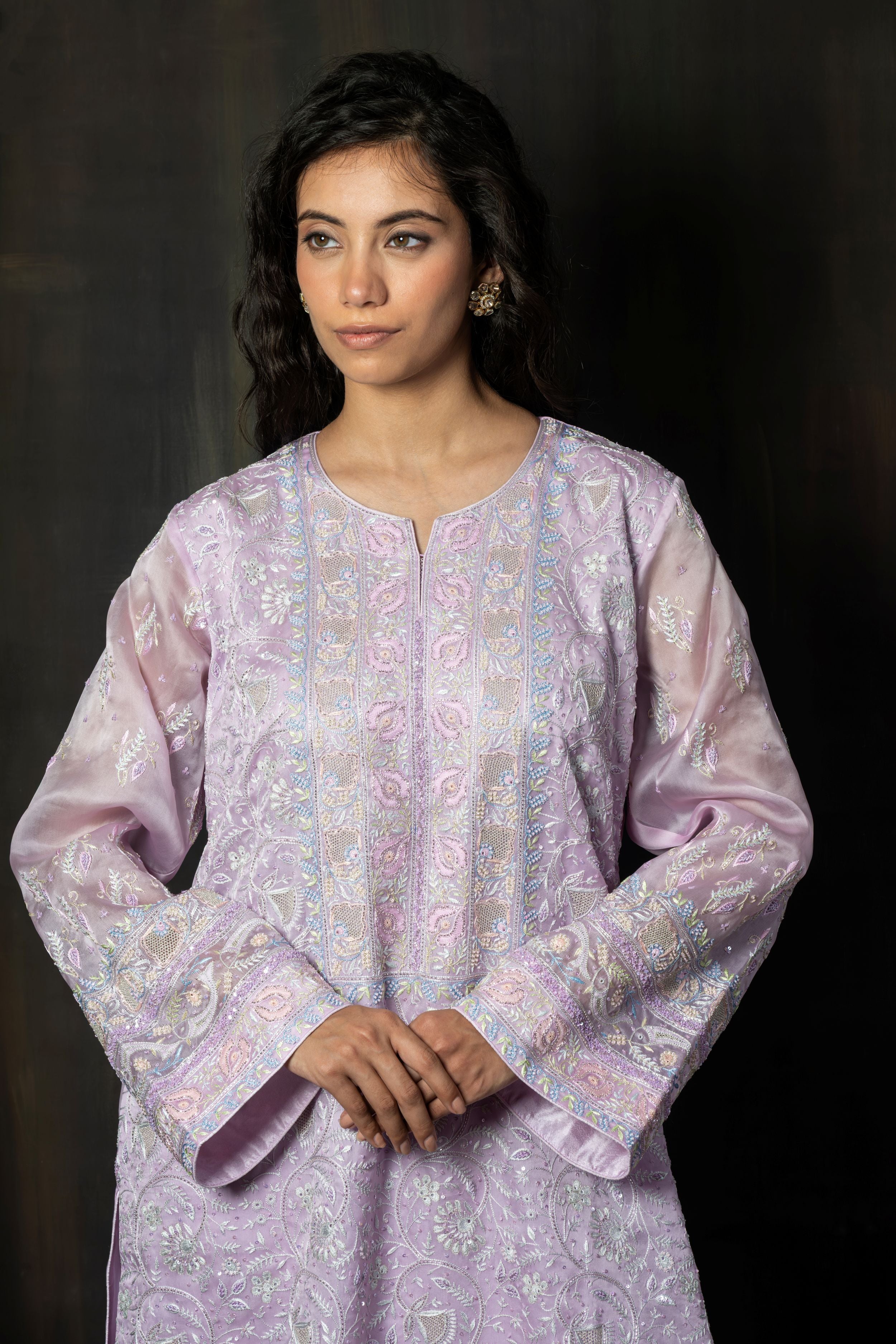 Lavender Pure Organza Kurta with Pastel Floral Hand-Embroidery