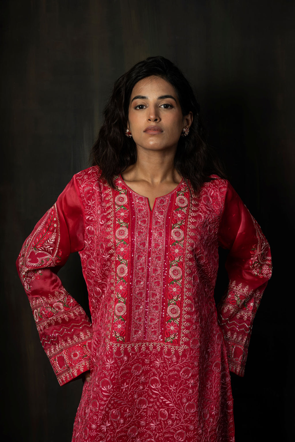 Crimson Pure Organza Suit Set with Intricate Floral Hand-Embroidery