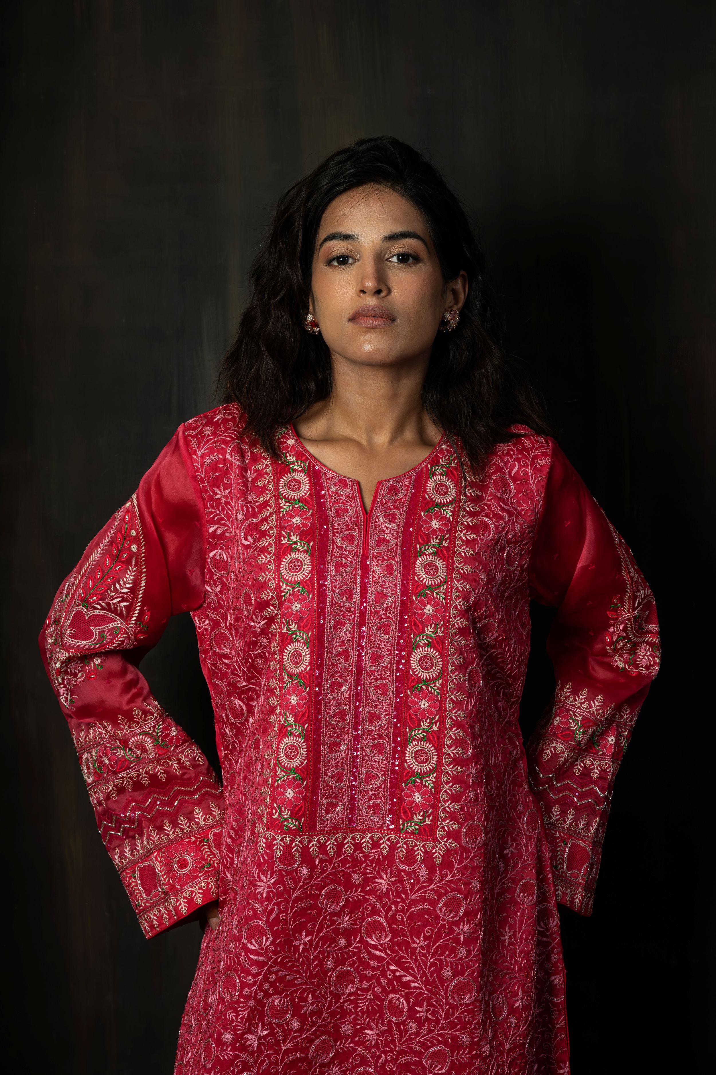 Crimson Pure Organza Suit Set with Intricate Floral Hand-Embroidery