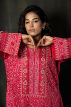 Crimson Pure Organza Suit Set with Intricate Floral Hand-Embroidery