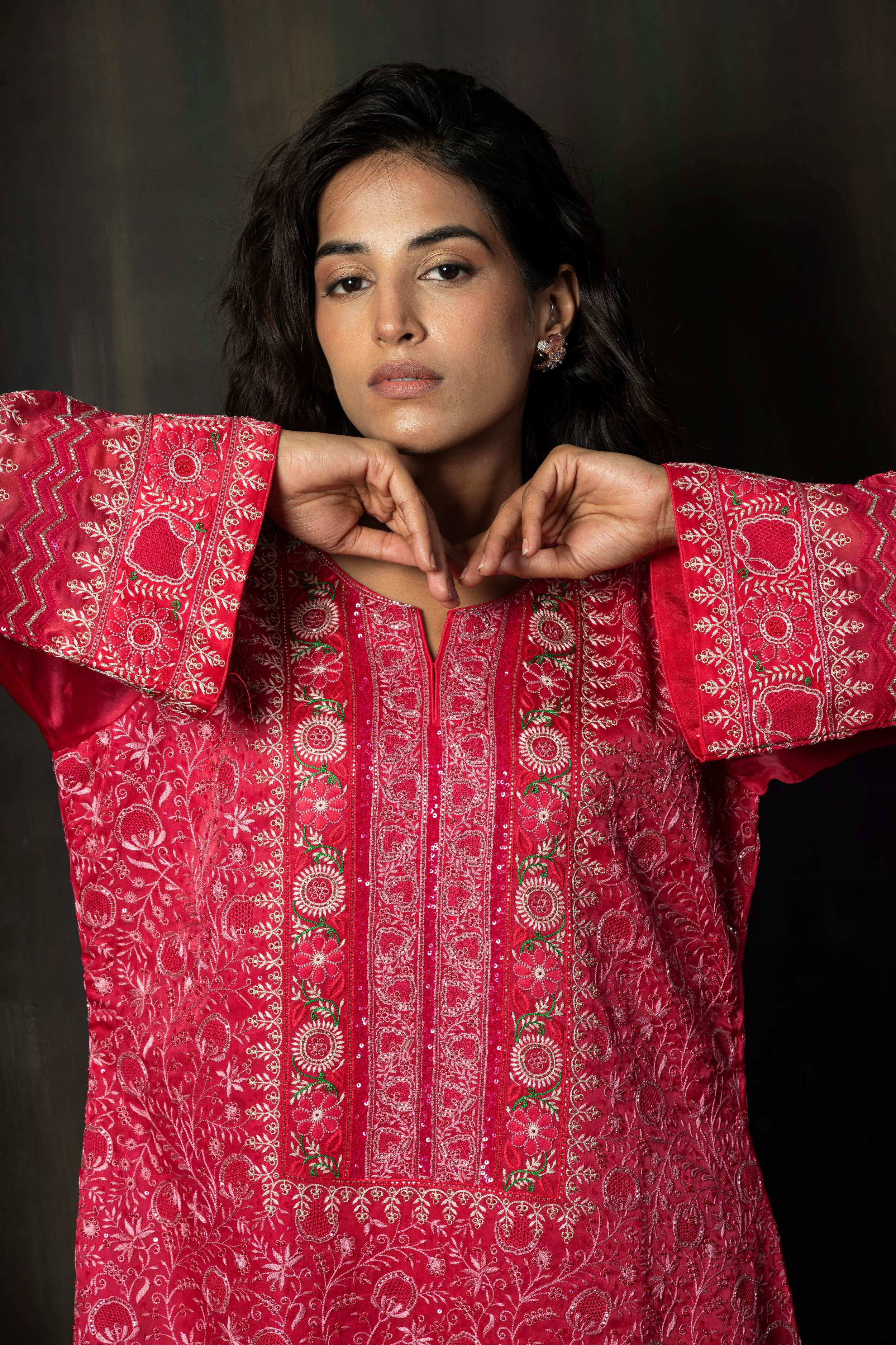Crimson Pure Organza Suit Set with Intricate Floral Hand-Embroidery