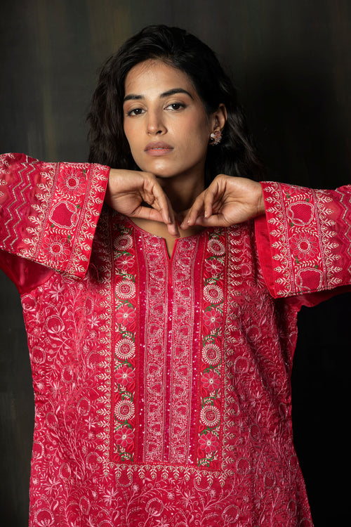 Crimson Pure Organza Suit Set with Intricate Floral Hand-Embroidery