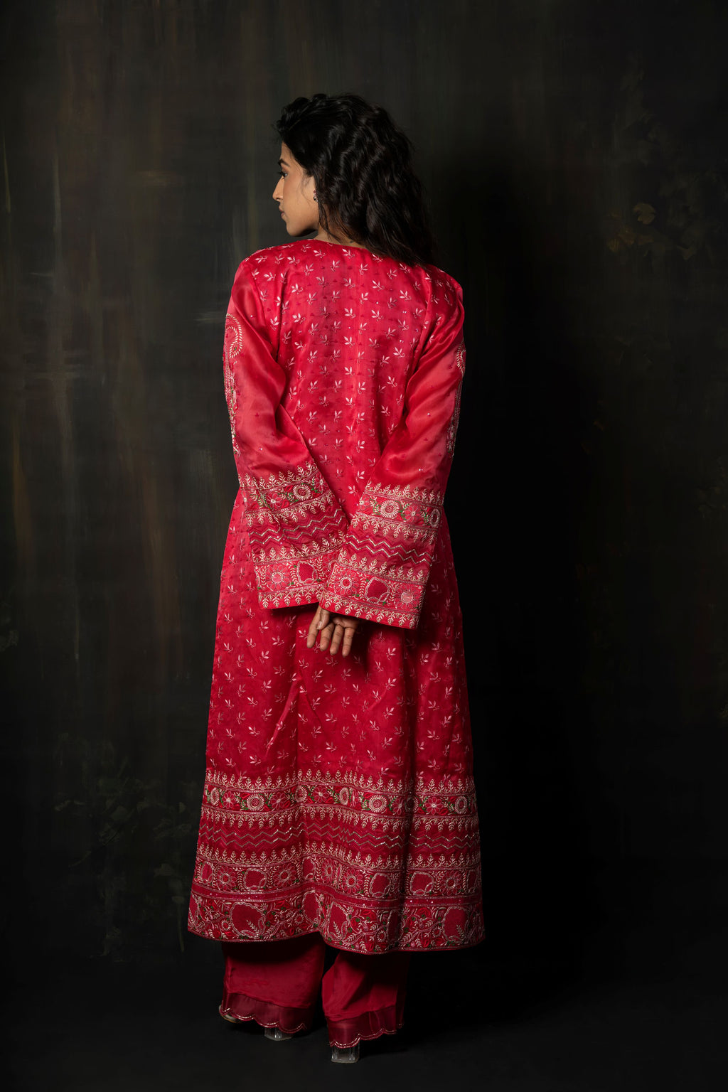 Crimson Pure Organza Suit Set with Intricate Floral Hand-Embroidery