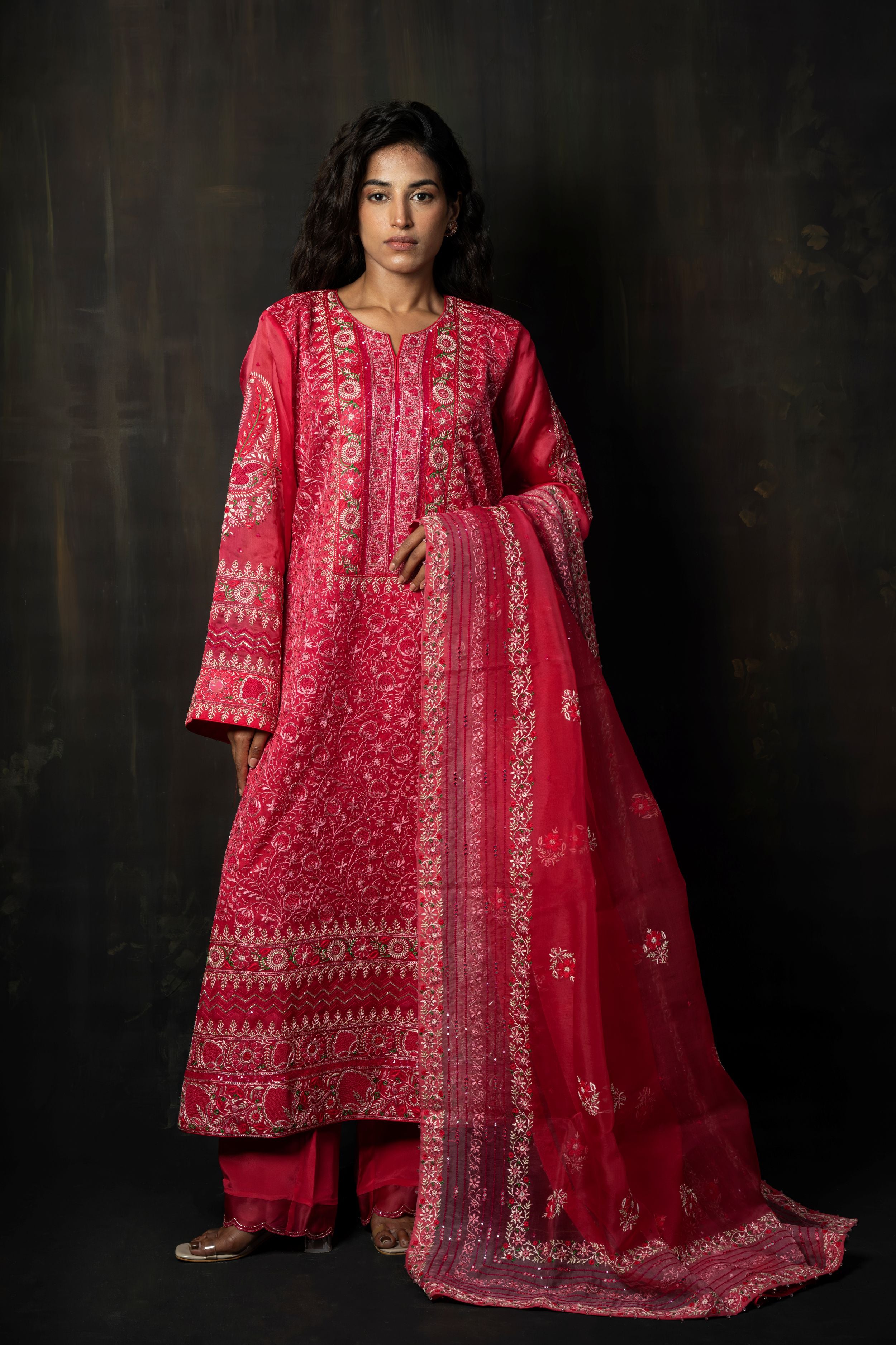 Crimson Pure Organza Suit Set with Intricate Floral Hand-Embroidery