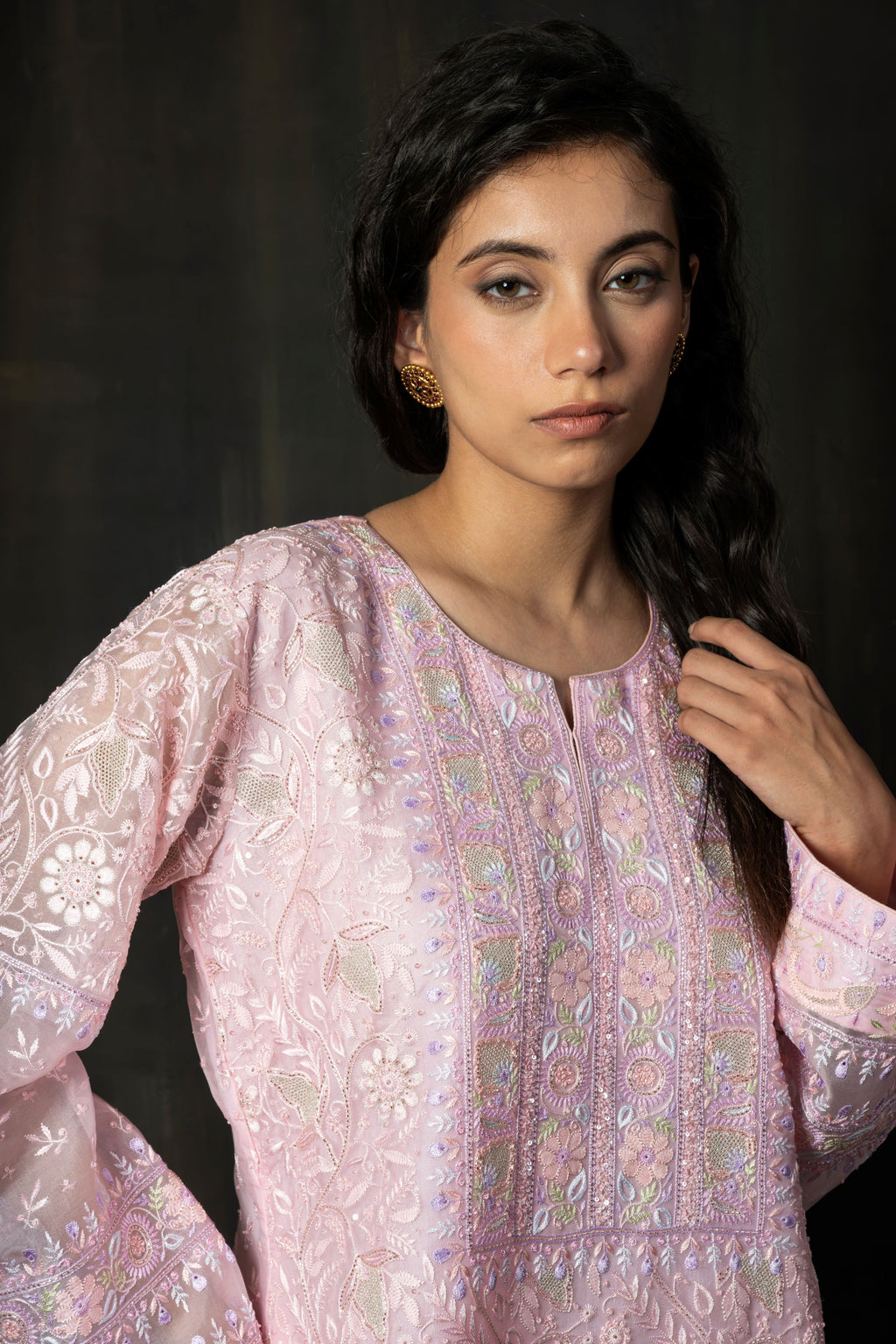 Dusty Mauve Pure Organza Suit with Ornate Pastel Hand-Embroidery