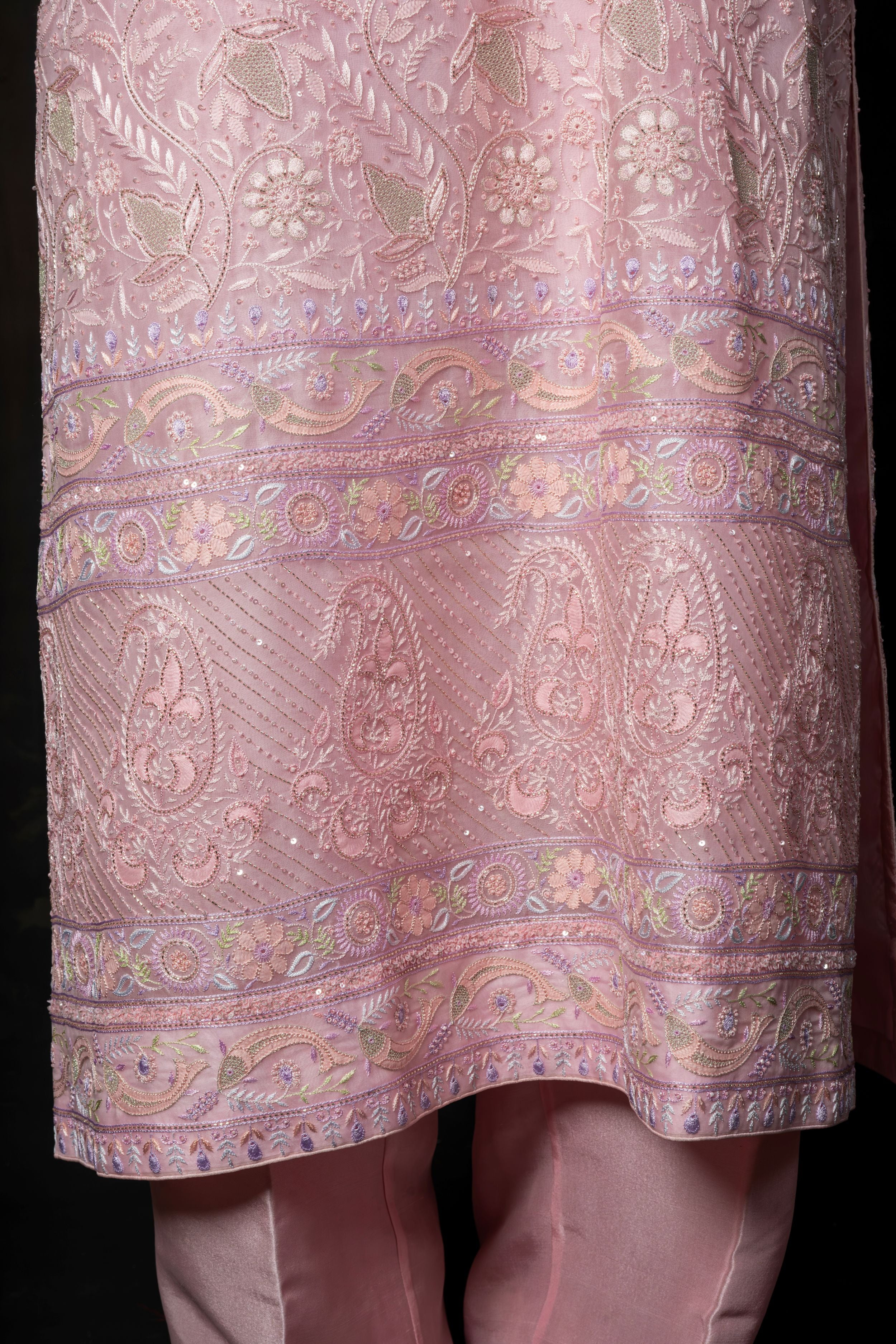 Dusty Mauve Pure Organza Suit with Ornate Pastel Hand-Embroidery