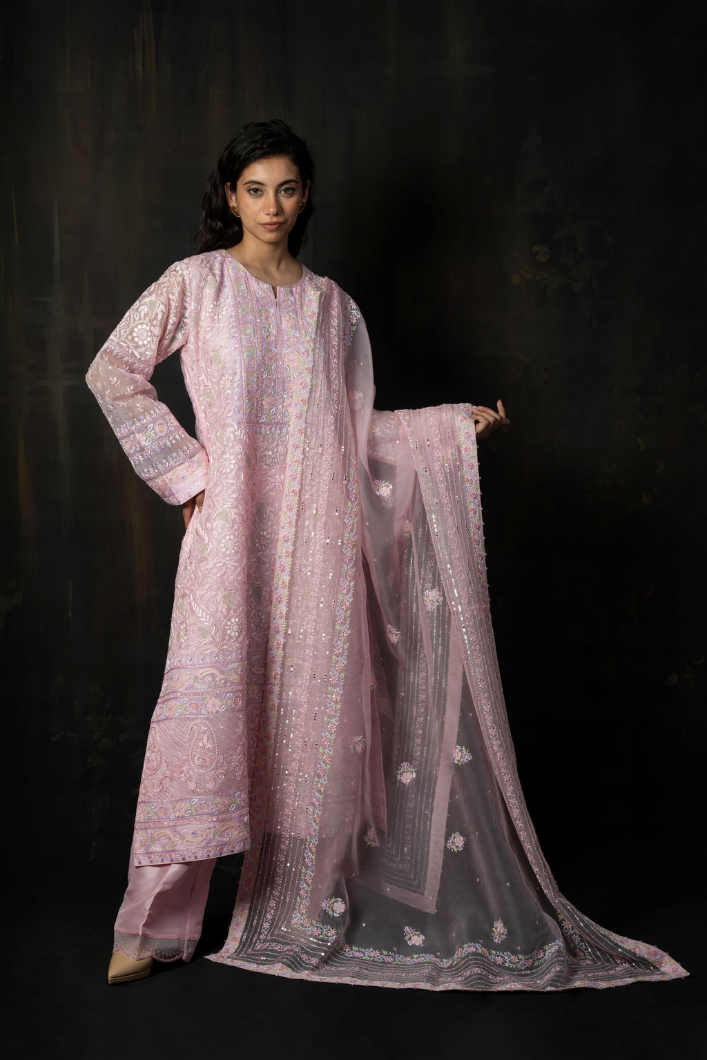 Dusty Mauve Pure Organza Suit with Ornate Pastel Hand-Embroidery