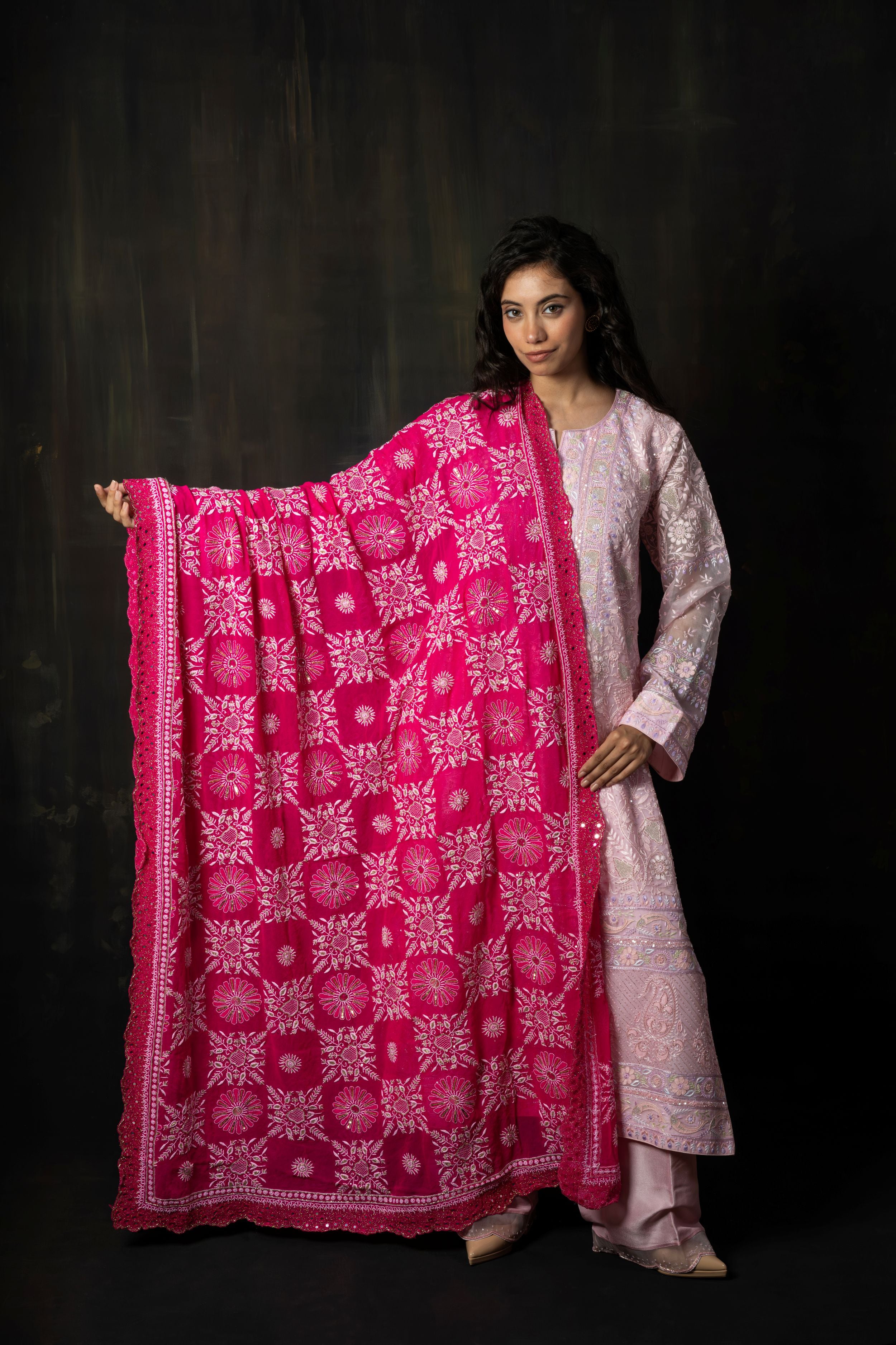 Vibrant Magenta Georgette Dupatta with Intricate Scalloped Hand-Embroidery