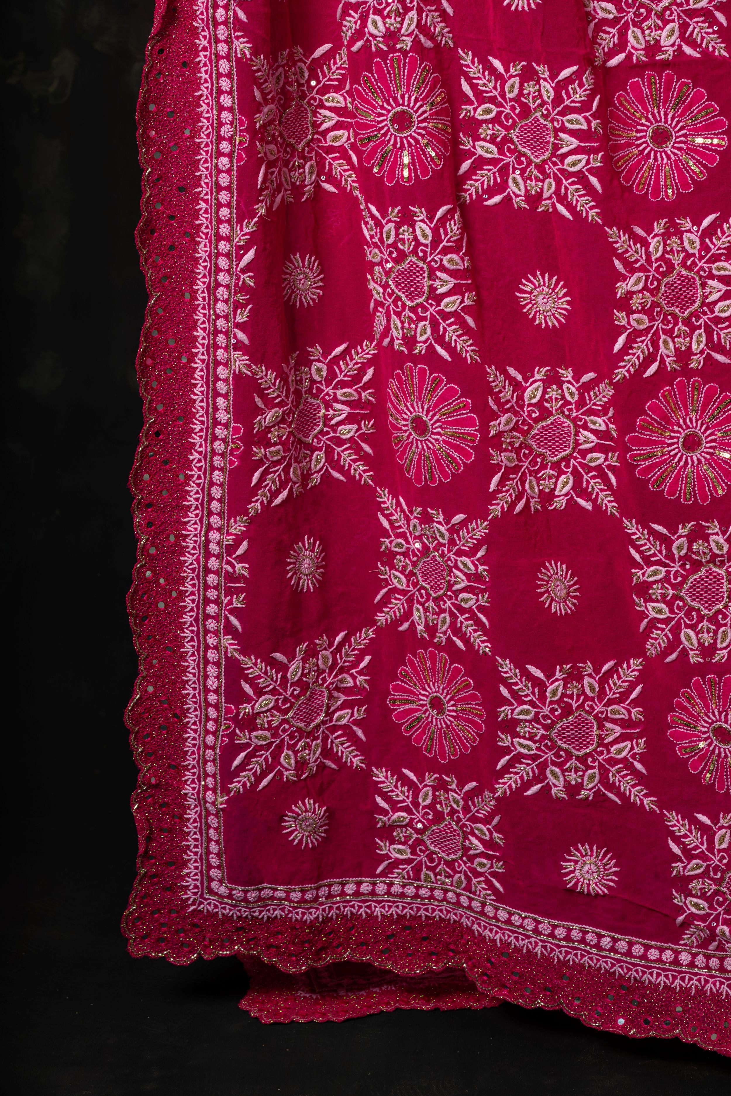 Vibrant Magenta Georgette Dupatta with Intricate Scalloped Hand-Embroidery