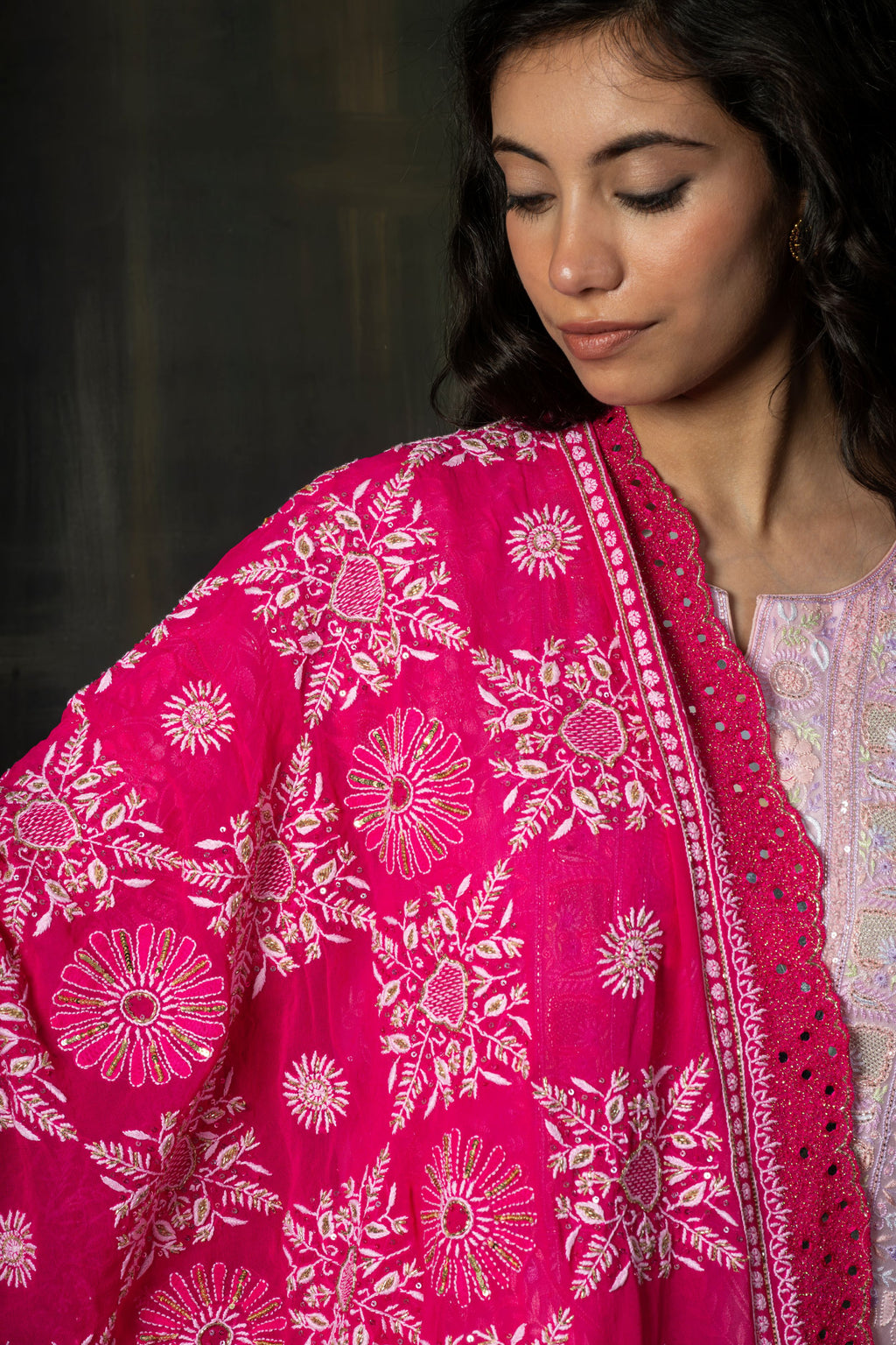 Vibrant Magenta Georgette Dupatta with Intricate Scalloped Hand-Embroidery