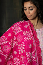 Vibrant Magenta Georgette Dupatta with Intricate Scalloped Hand-Embroidery