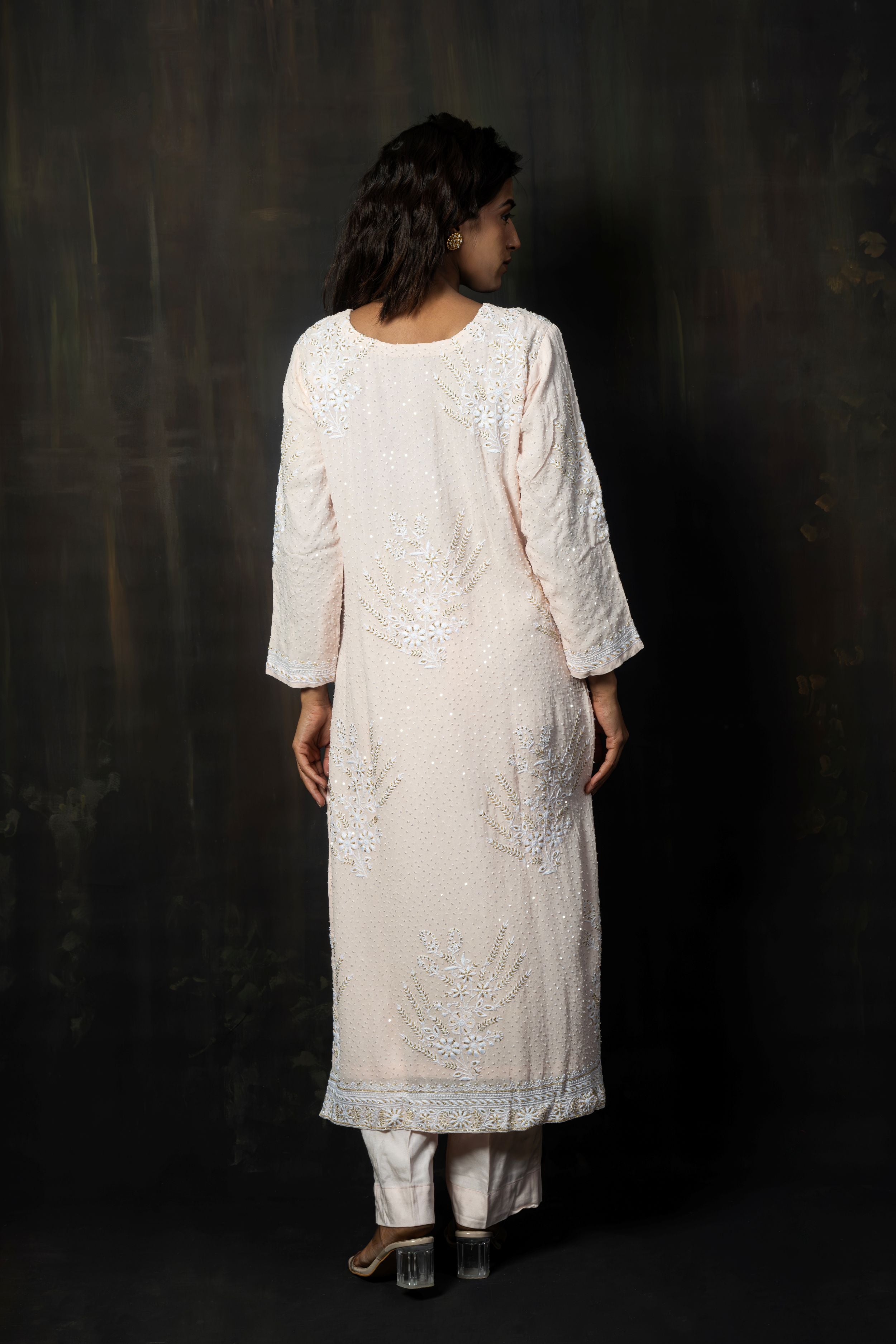 Powder Pink Georgette Kurta with Delicate White Floral Hand-Embroidery