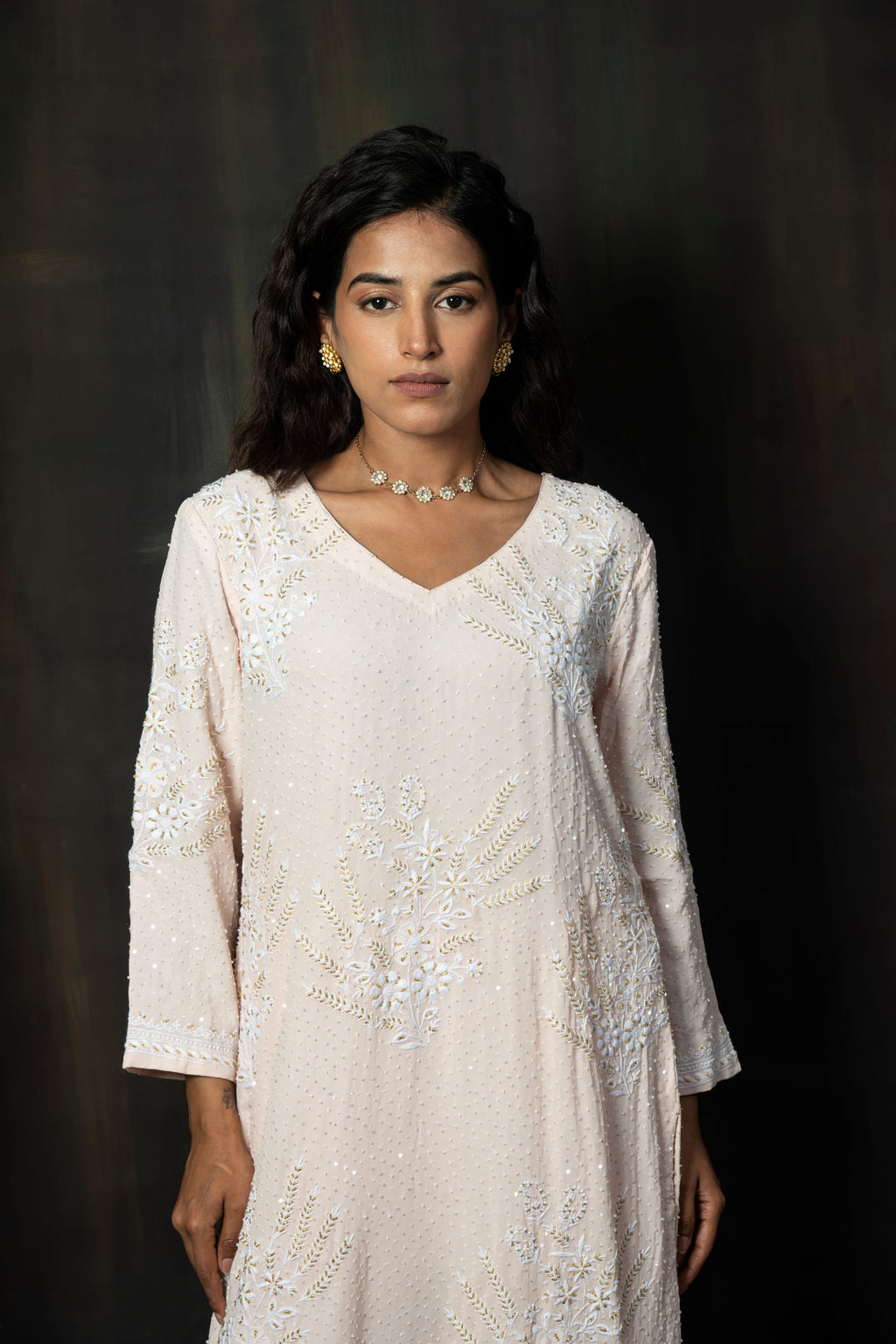 Powder Pink Georgette Kurta with Delicate White Floral Hand-Embroidery