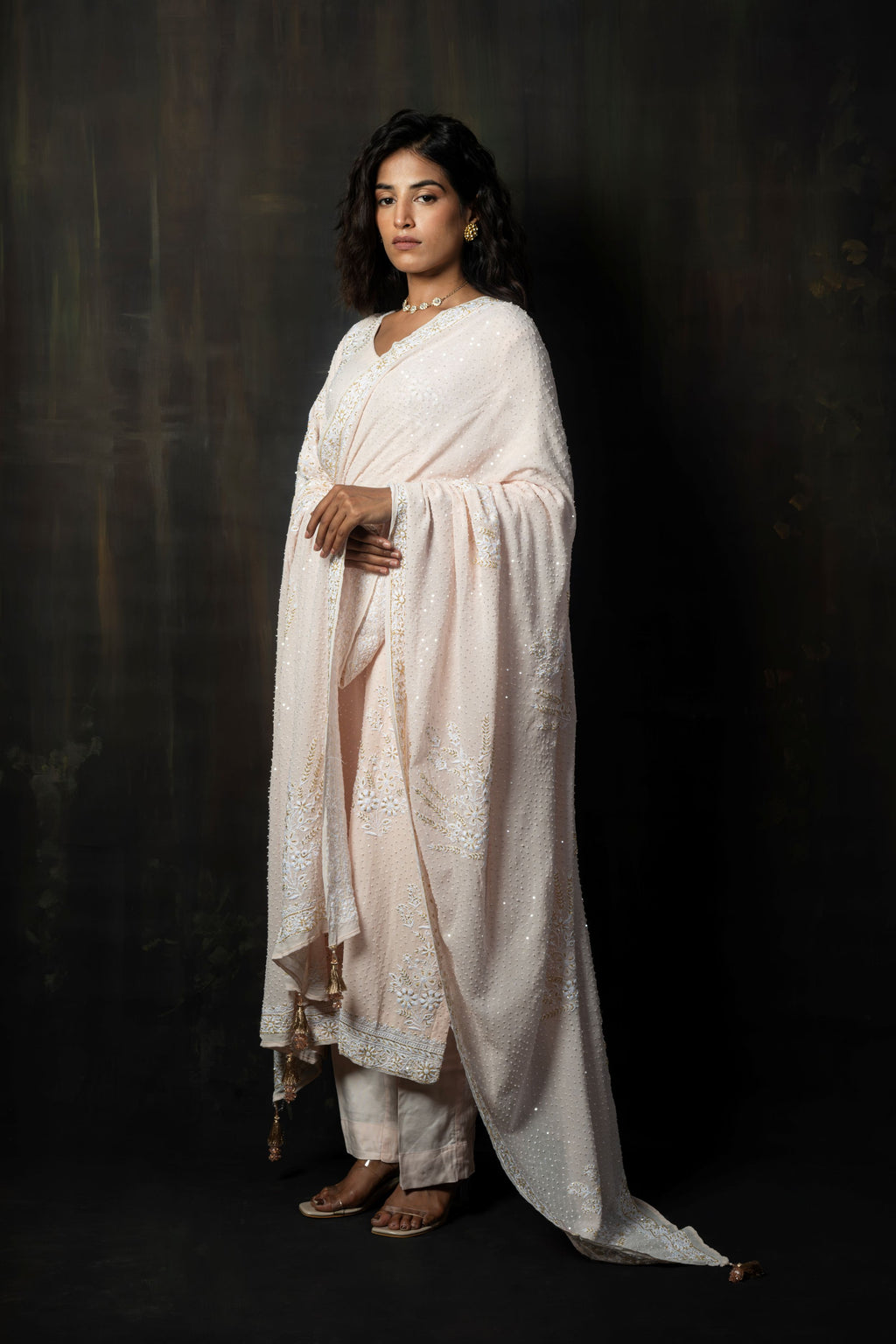 Powder Pink Georgette Kurta with Delicate White Floral Hand-Embroidery