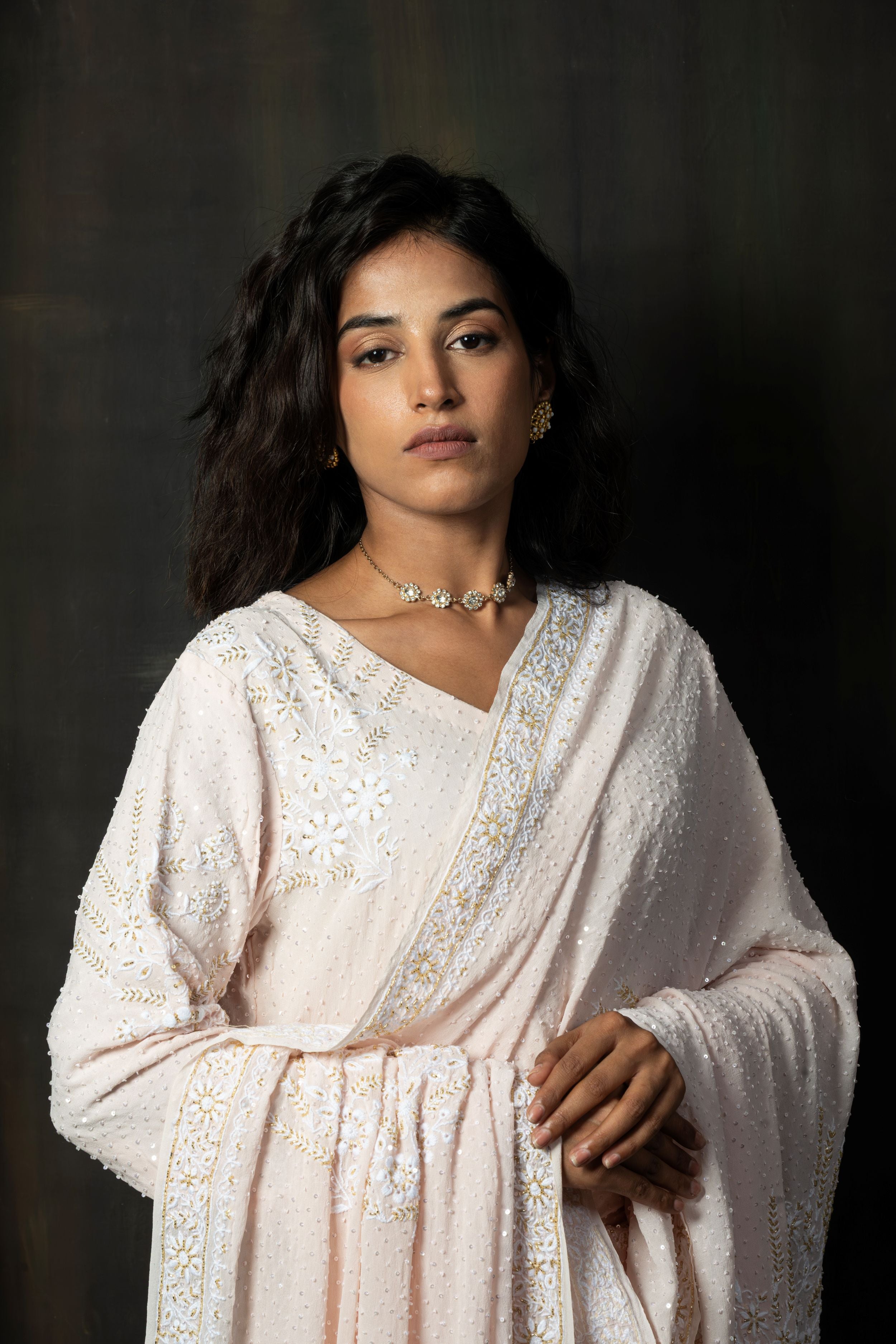 Powder Pink Georgette Kurta with Delicate White Floral Hand-Embroidery