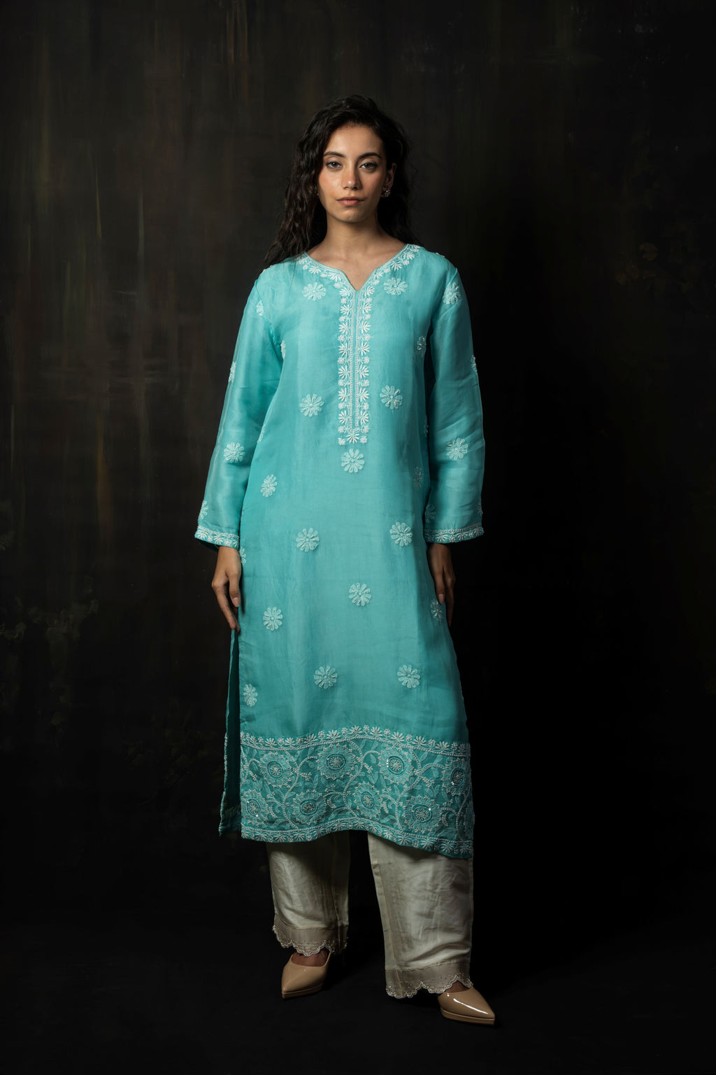 SEAFOAM MIST ORGANZA CHIKANKARI KURTA SET