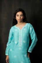SEAFOAM MIST ORGANZA CHIKANKARI KURTA SET