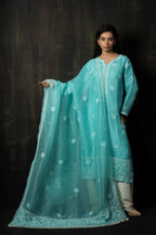 SEAFOAM MIST ORGANZA CHIKANKARI KURTA SET