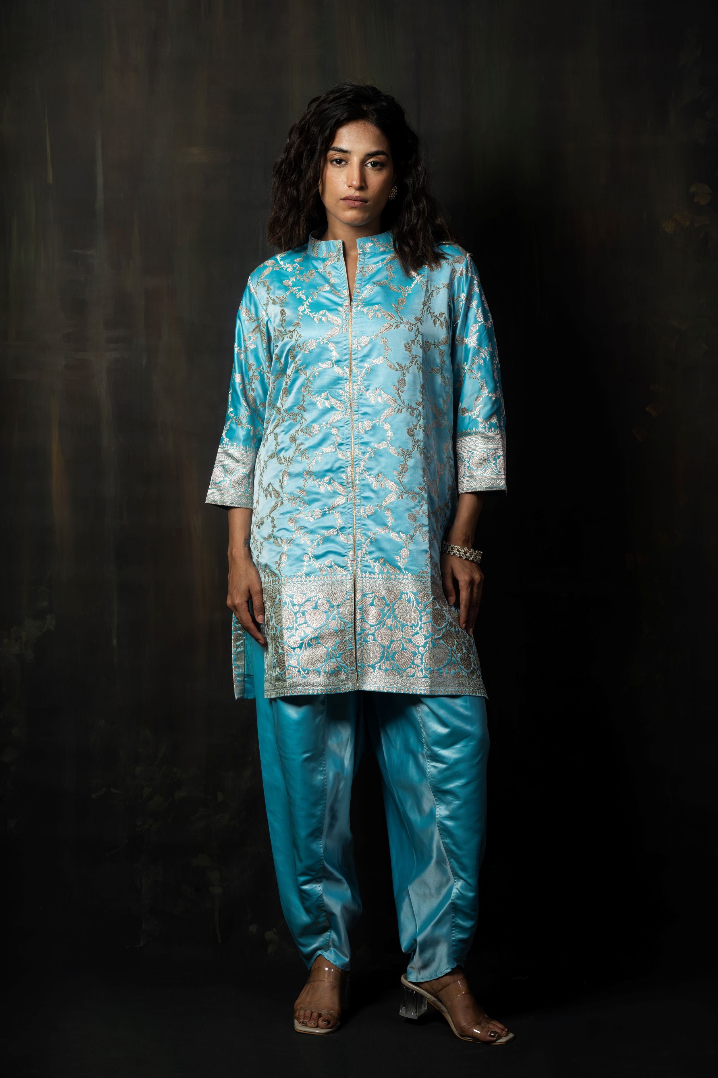 Cerulean Pure Silk Banarasi Kurta with Silver Zari Weaving