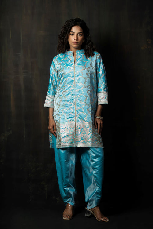 Cerulean Pure Silk Banarasi Kurta with Silver Zari Weaving
