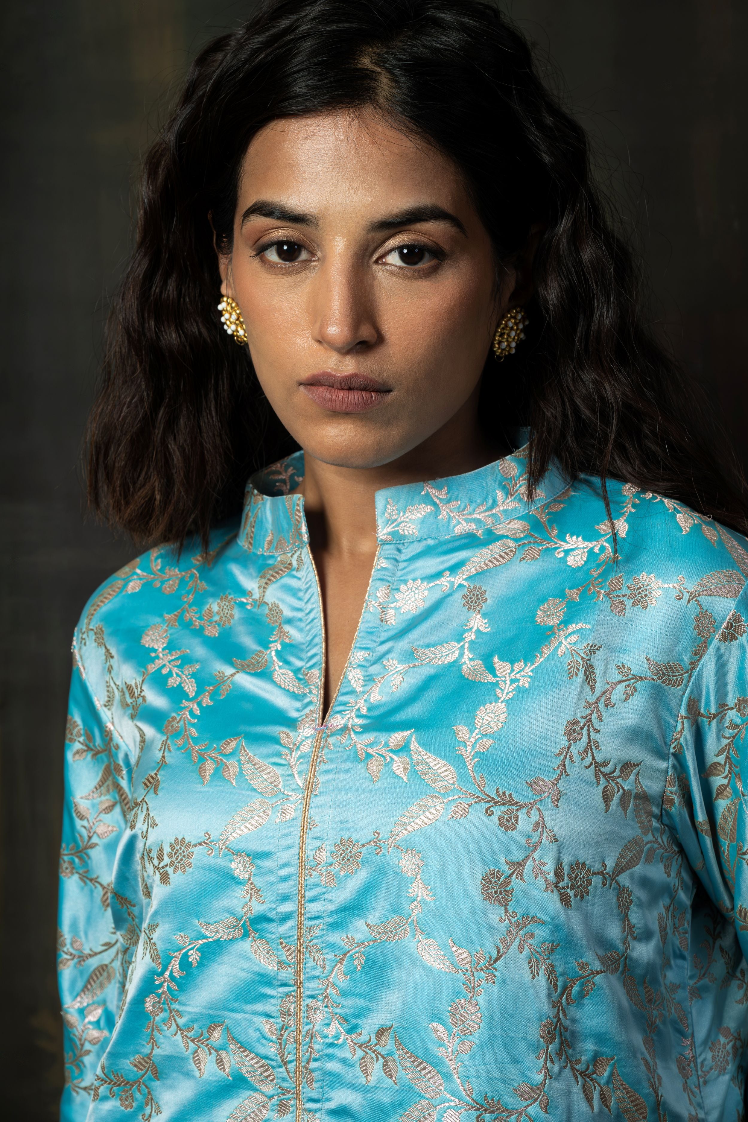 Cerulean Pure Silk Banarasi Kurta with Silver Zari Weaving