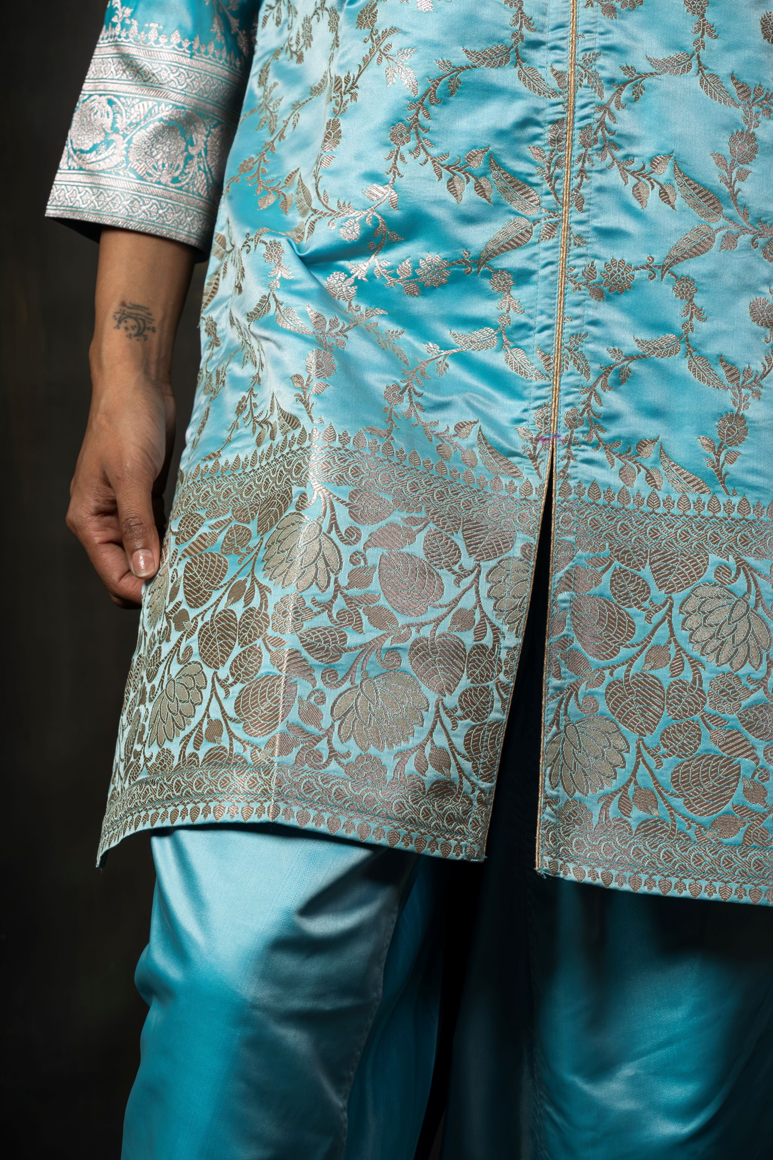 Cerulean Pure Silk Banarasi Kurta with Silver Zari Weaving