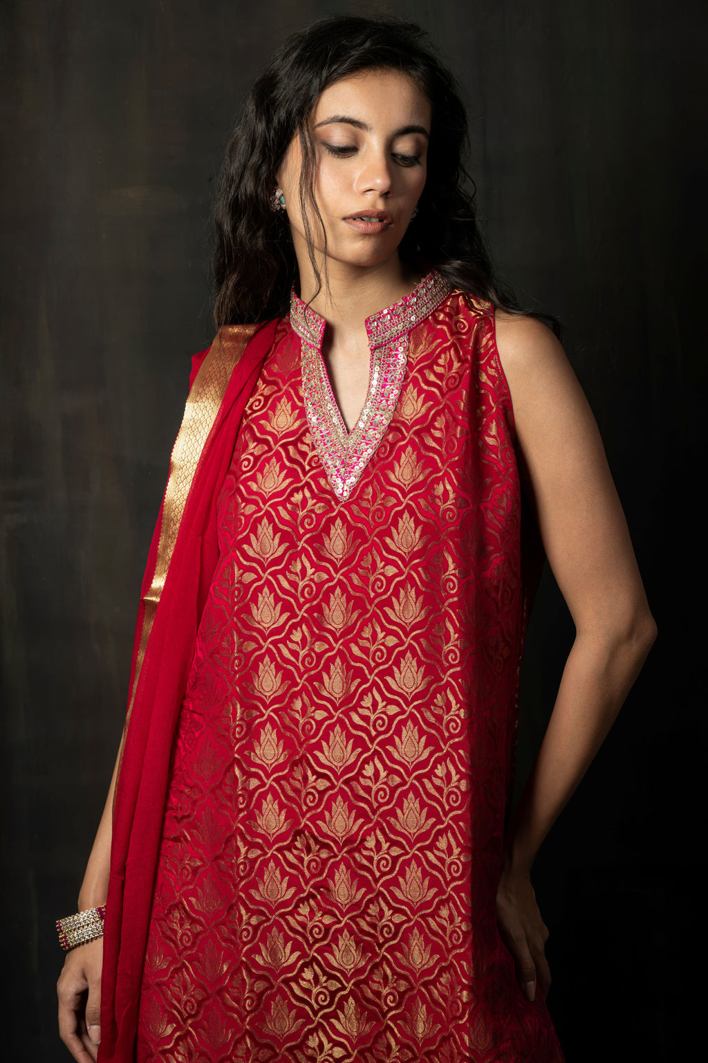 CRIMSON MAHOGANY HANDLOOM WOOVEN SILK KURTA SET