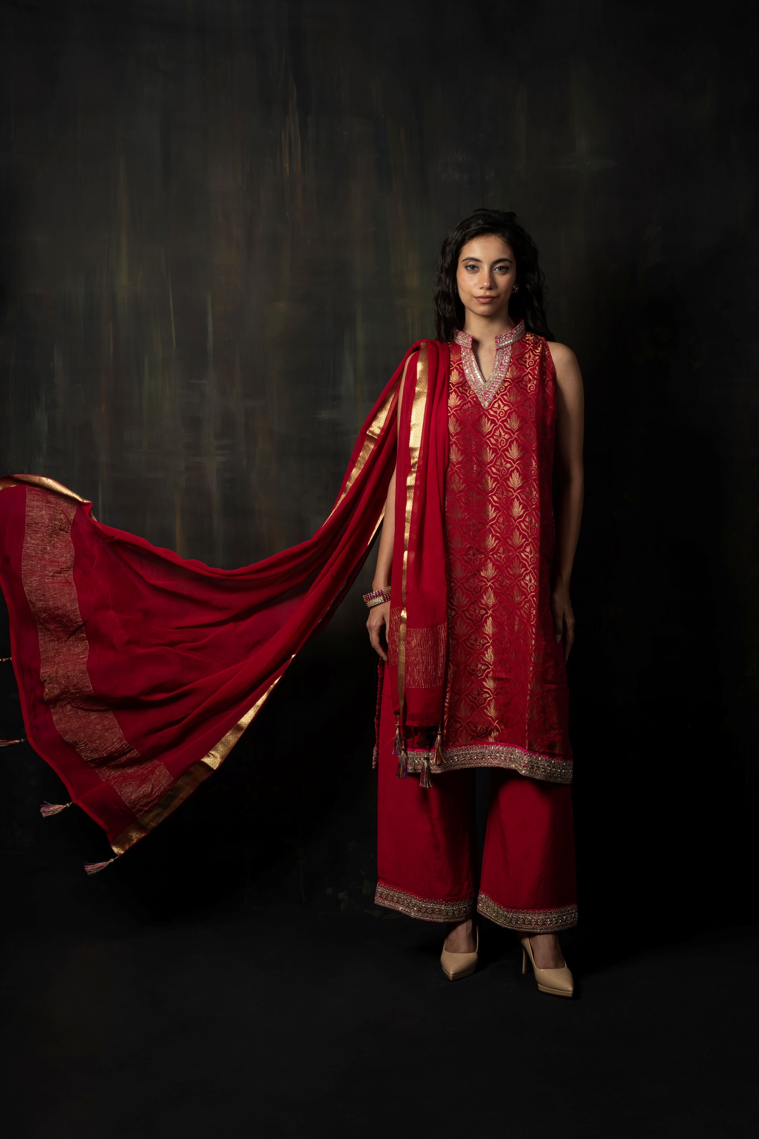 CRIMSON MAHOGANY HANDLOOM WOOVEN SILK KURTA SET