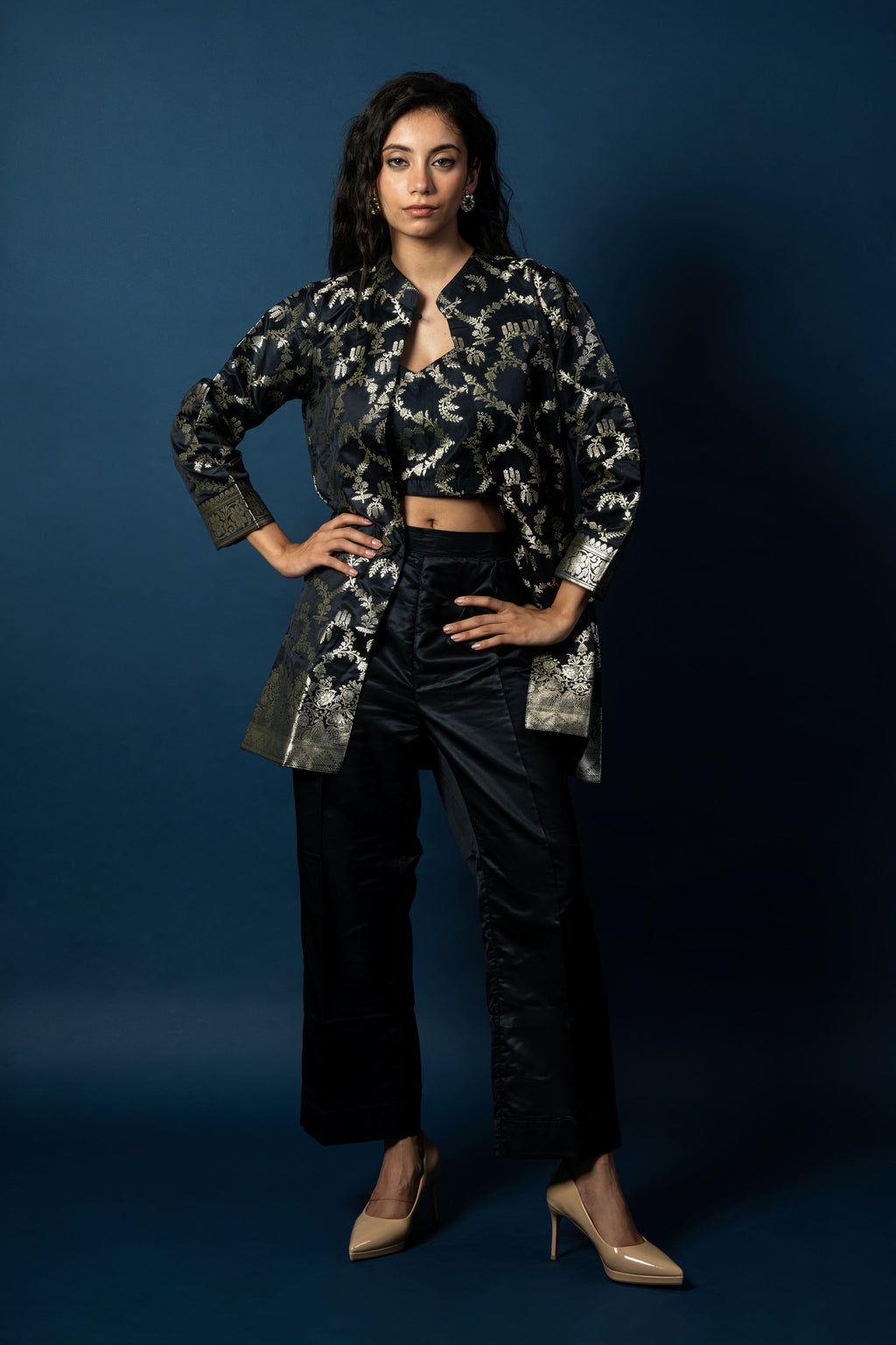 Midnight Black Pure Silk Banarasi Three-Piece Jacket and Trouser Set