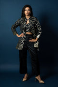 Midnight Black Pure Silk Banarasi Three-Piece Jacket and Trouser Set