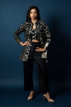 Midnight Black Pure Silk Banarasi Three-Piece Jacket and Trouser Set